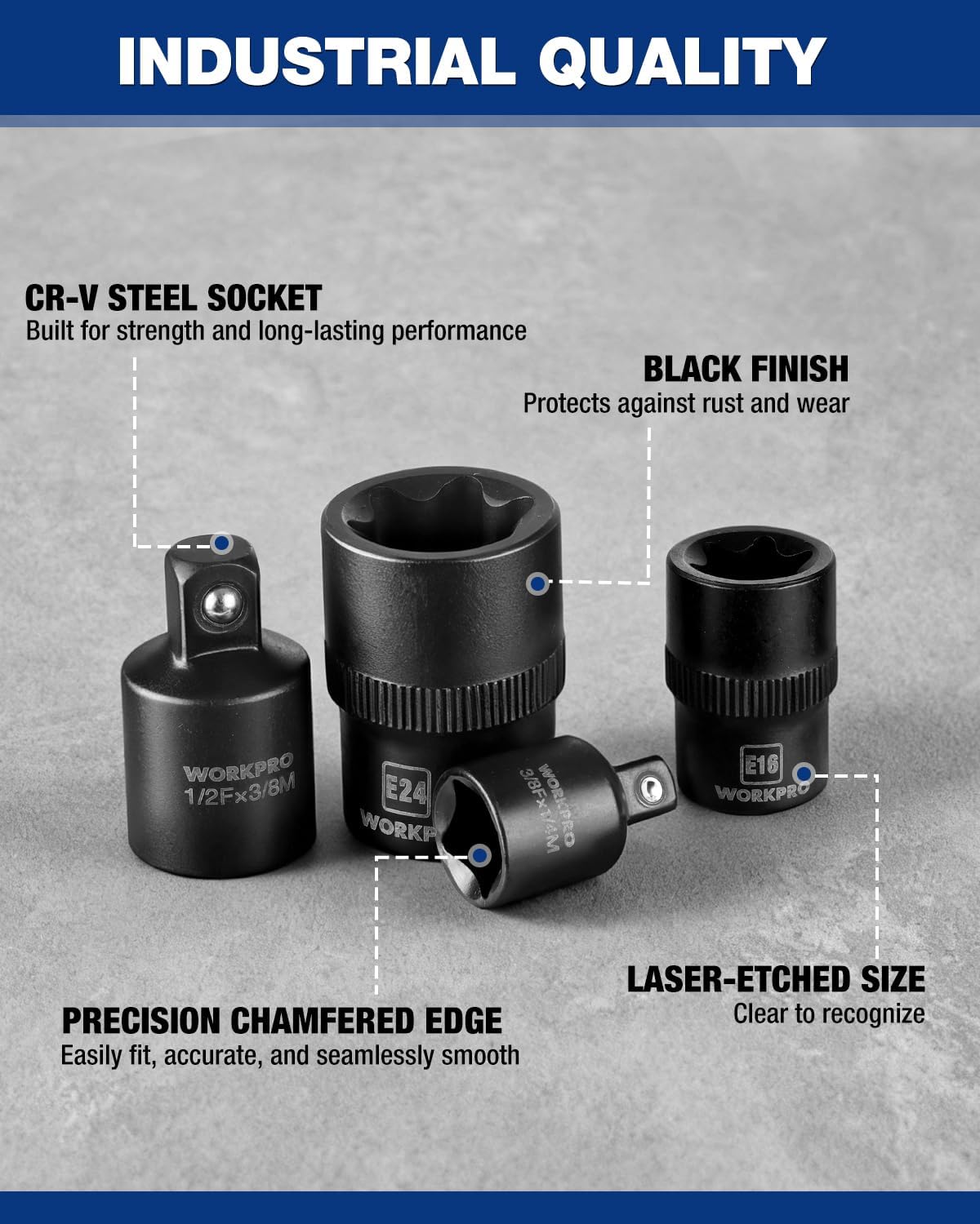 CR-V steel E-Torx sockets with black finish, chamfered edge and etched size markings