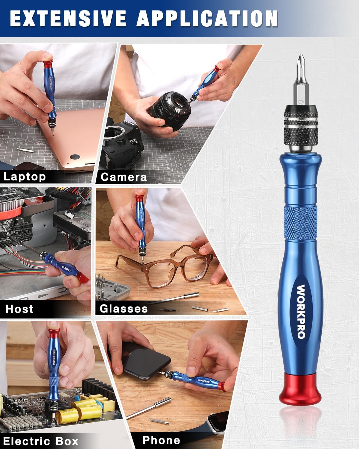Blue pen-style precision screwdriver with metal bit tip in a hand, for small devices