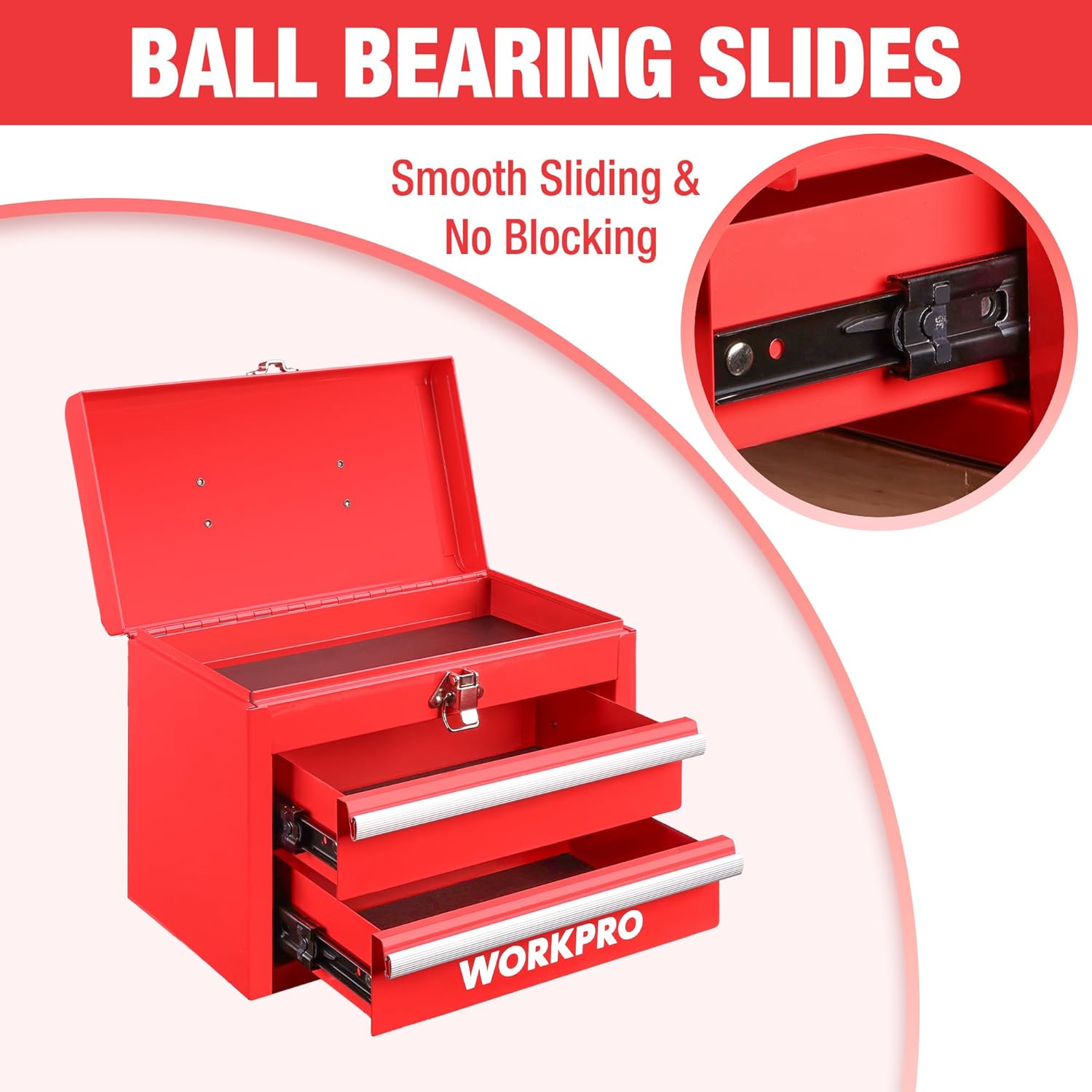 Red mini tool chest open with ball-bearing sliding drawers and latch