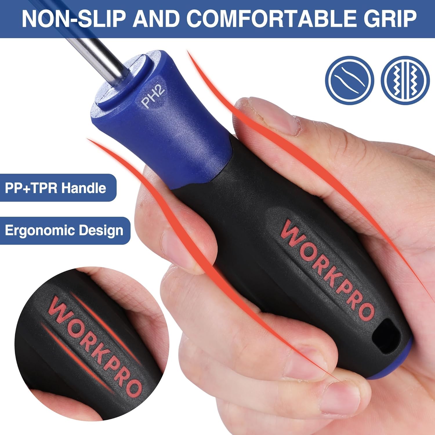 Close-up of ergonomic non-slip screwdriver handle with blue PP+TPR grip