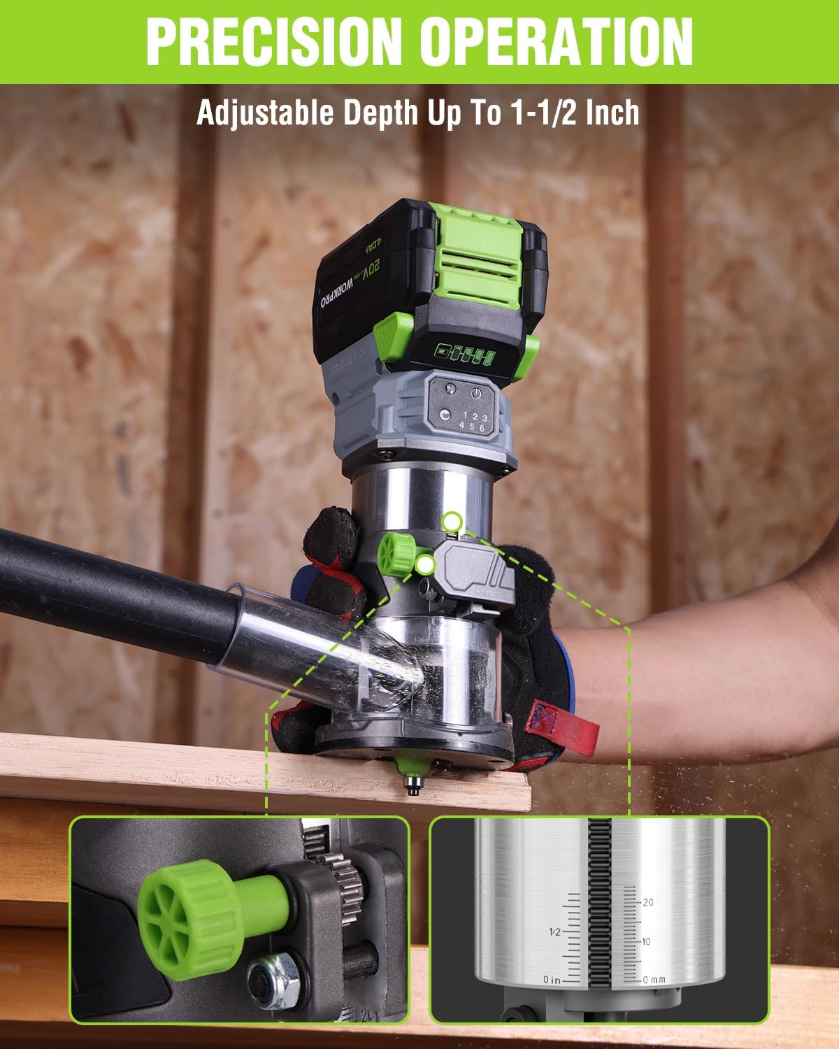 Cordless compact router tool with adjustable depth up to 1-1/2 in and angle scale