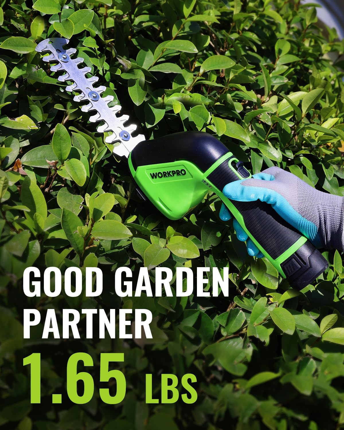 WORKPRO 12V cordless shrub and grass trimmer cutting blades on a handheld tool