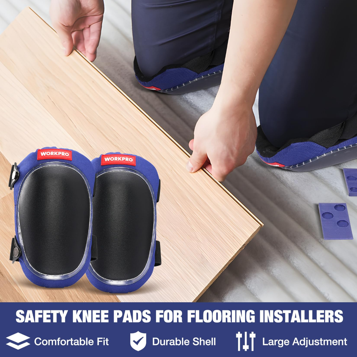 Blue safety knee pads for flooring installers with adjustable fit and durable shell