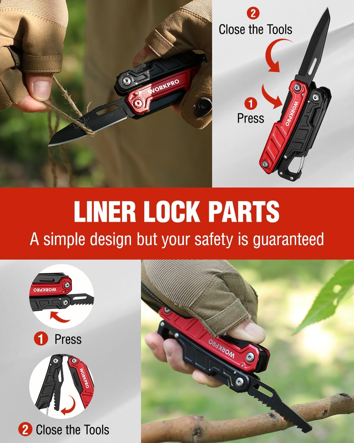 Red-and-black multitool pliers showing liner lock close mechanism