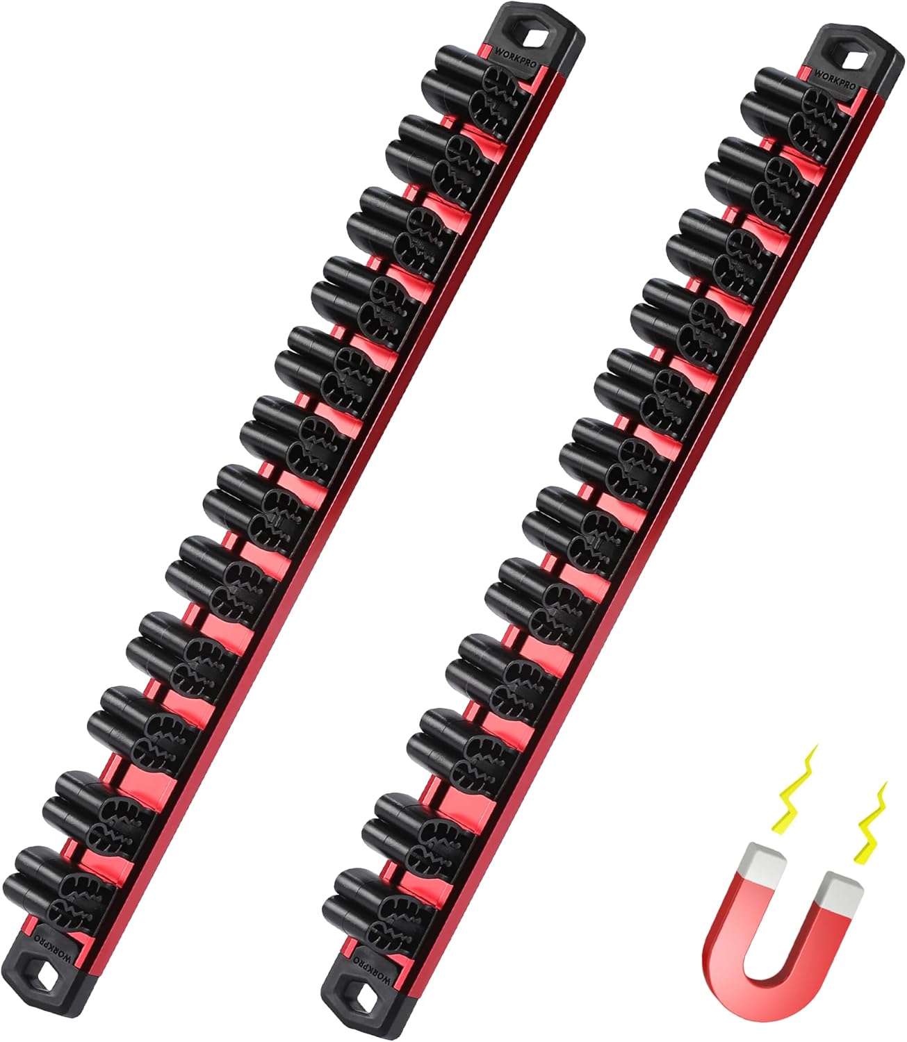 Pair of red aluminum magnetic tool organizer rails with screwdriver and wrench holder slots