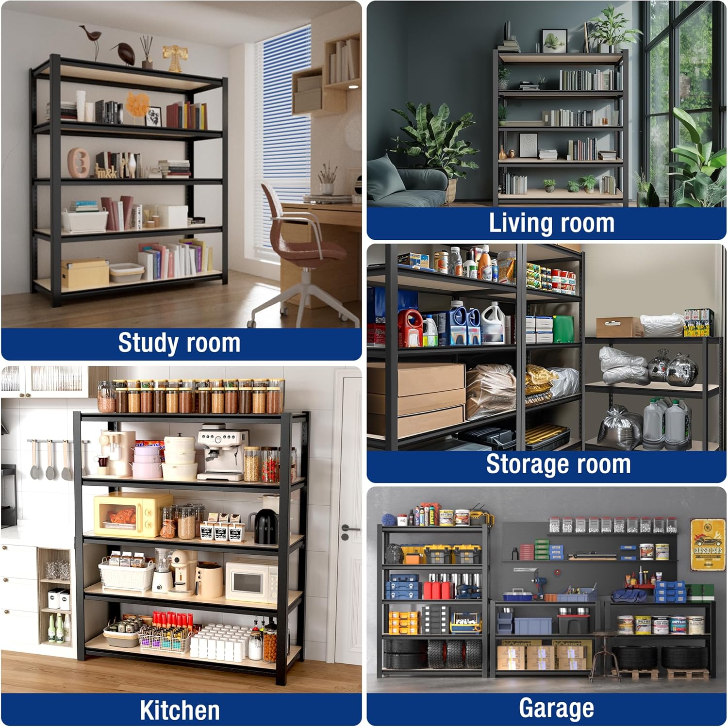 Black storage shelving unit with wood shelves for books and everyday storage