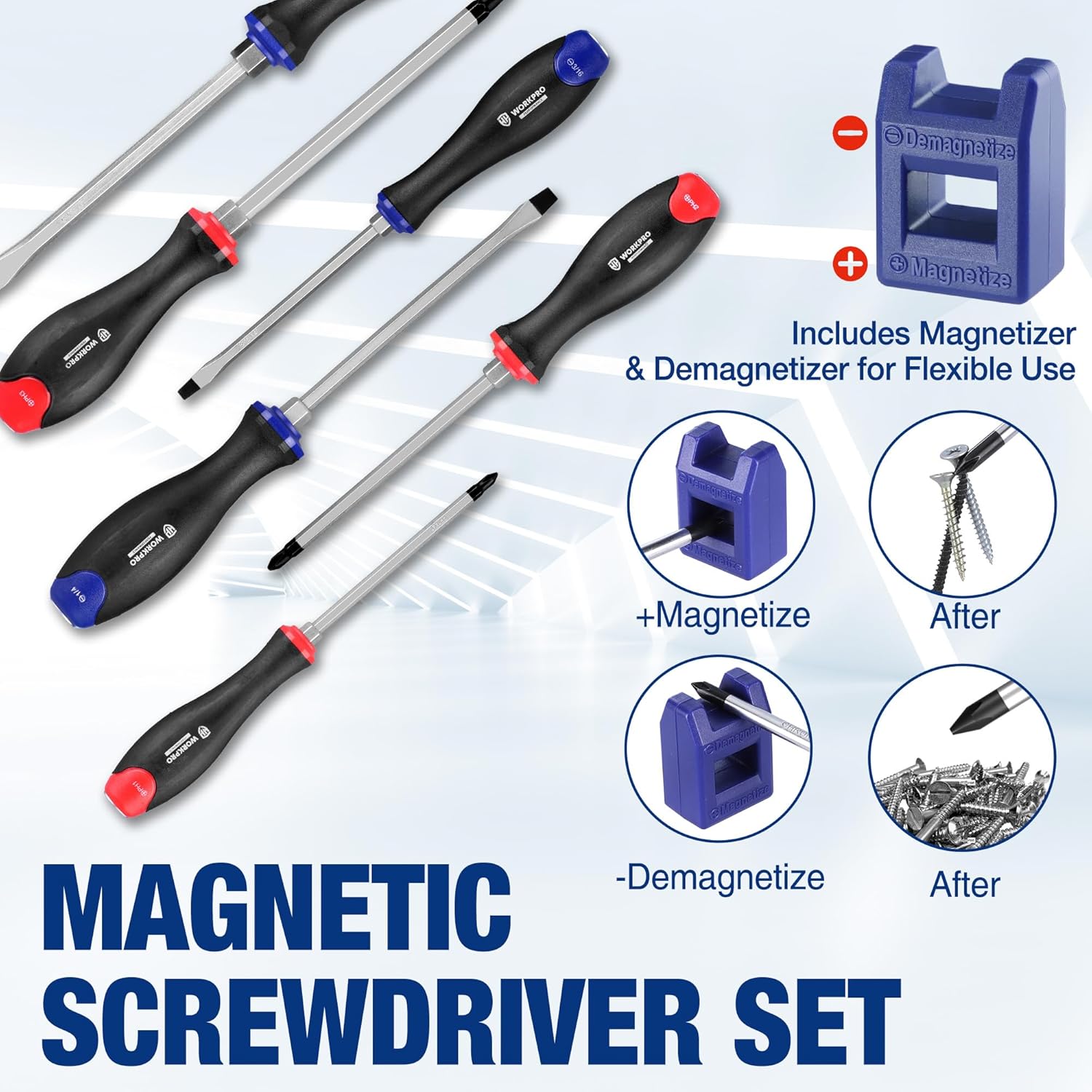 WORKPRO magnetic screwdriver set with magnetizer and demagnetizer tool for flexible use