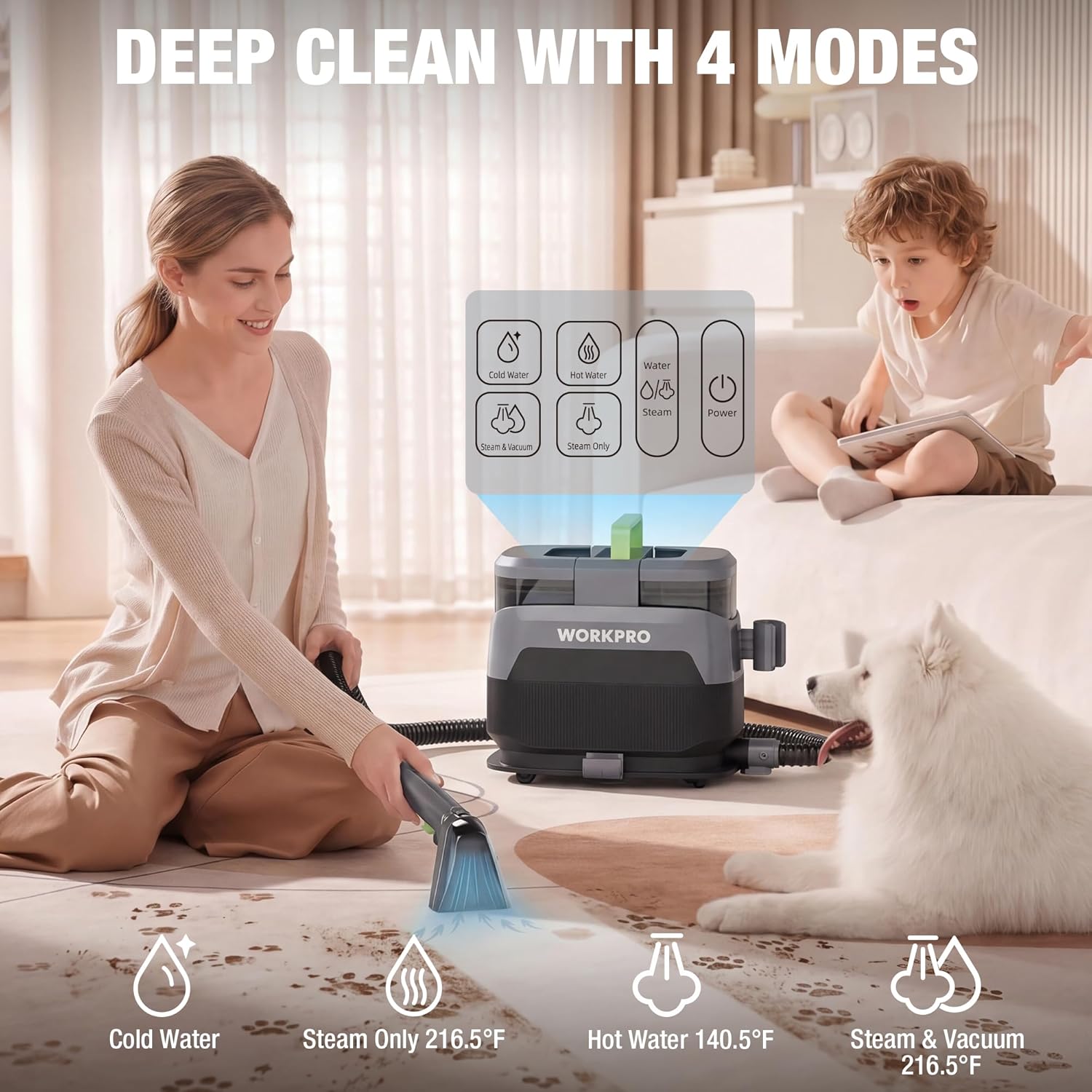 Portable steam cleaner with base unit, hose, and nozzle for home carpet cleaning