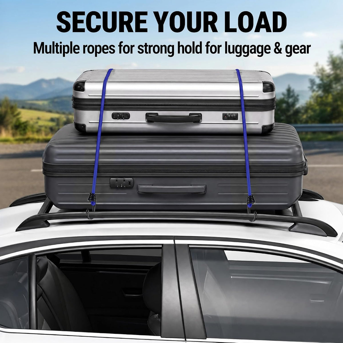 Workpro 24 inch heavy duty bungee cords with hooks in blue secure stacked luggage on a car roof for outdoor travel.