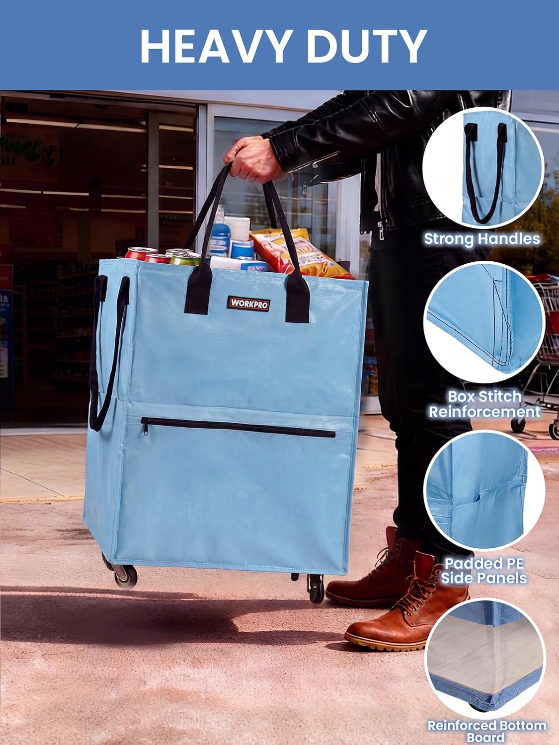 Blue rolling grocery bag with strong handles, reinforced sides, and caster wheels