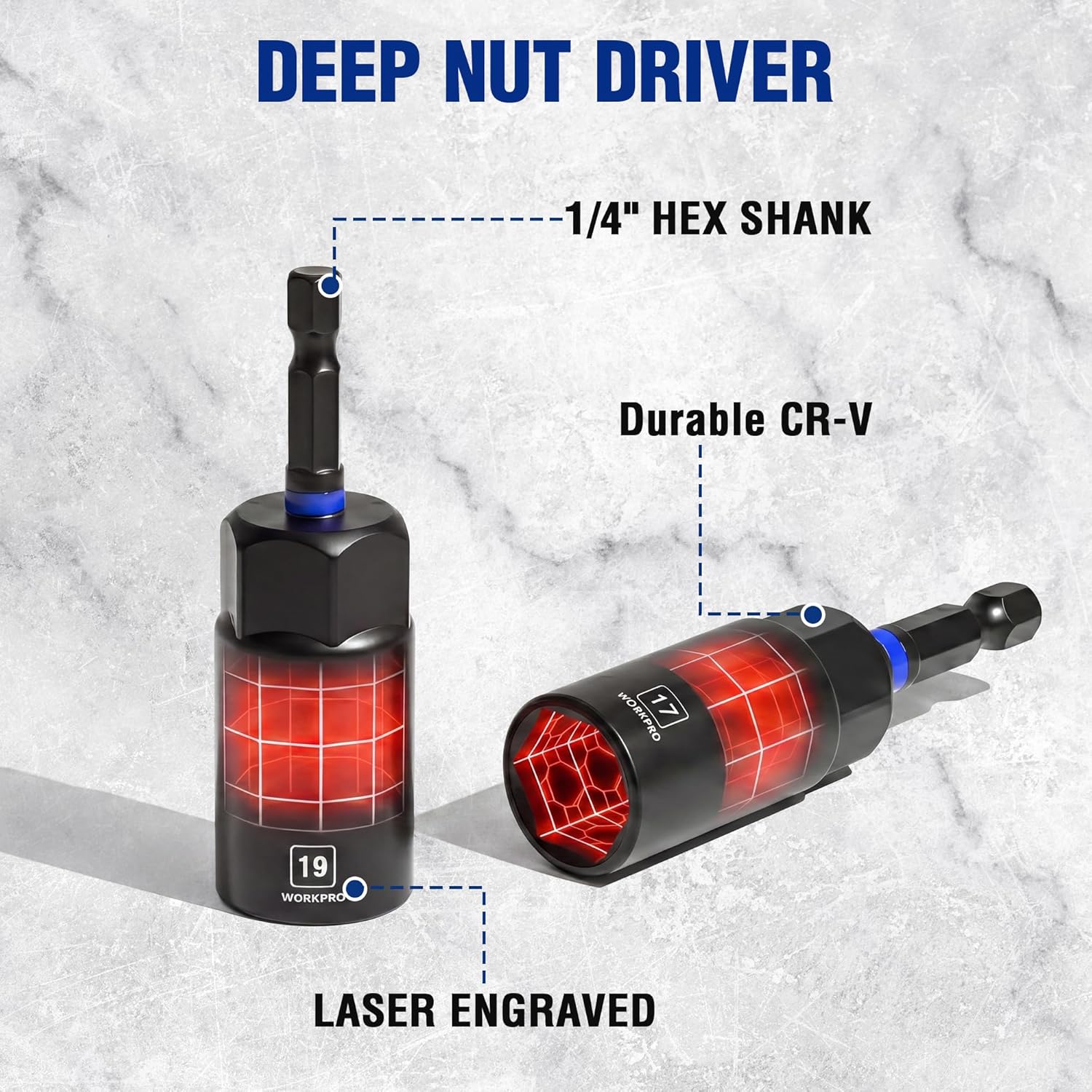 Deep nut driver with laser-engraved markings and 1/4-inch hex shank