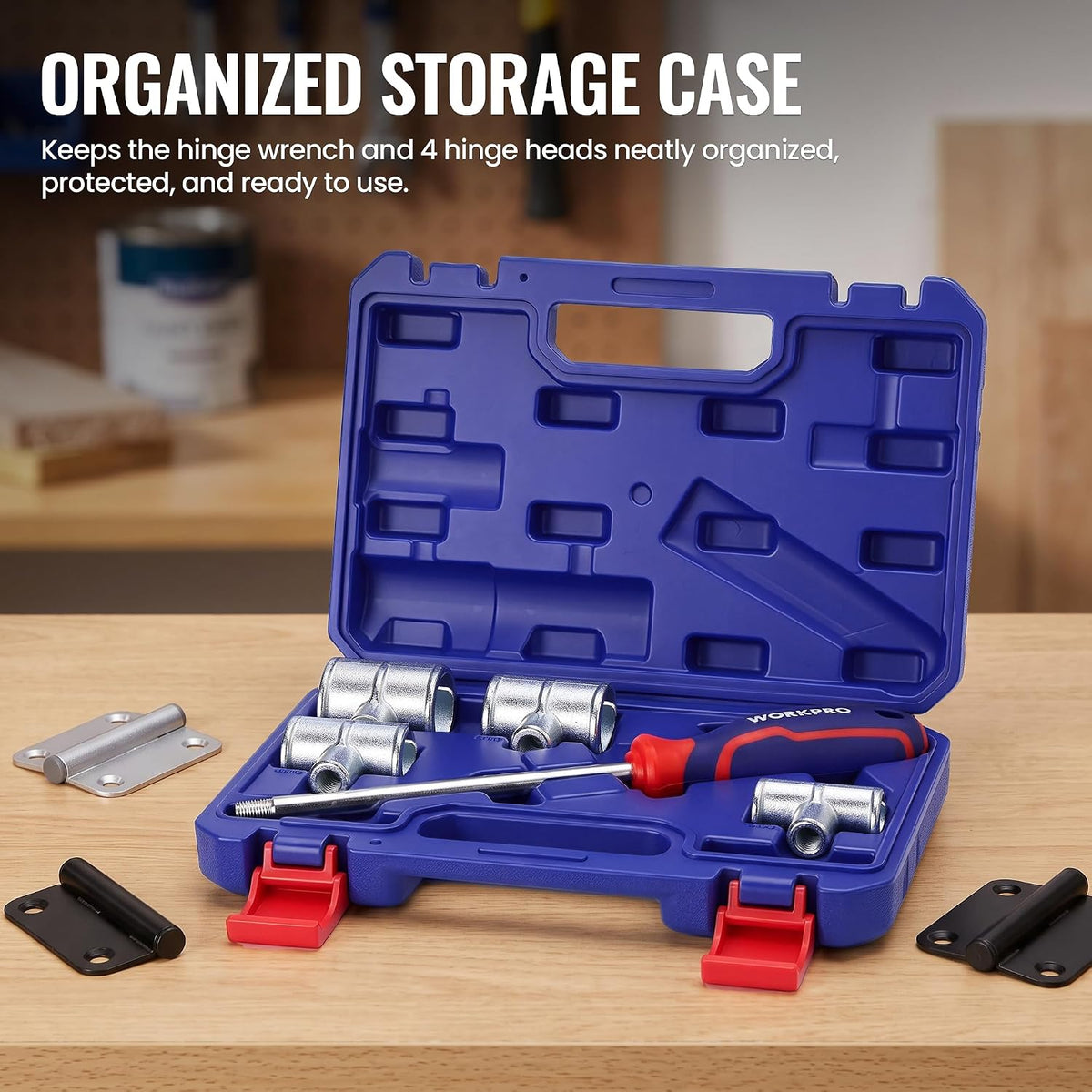 WORKPRO 4-in-1 Door Hinge Adjustment Tool, 0.55-1.06 in Hinge Wrench Set | 4 PCS Hinge Gap Adjusting Wrench with Organized Storage Case, Hinge Bender & Door Alignment Tool, Hardened CR-V Steel Rod