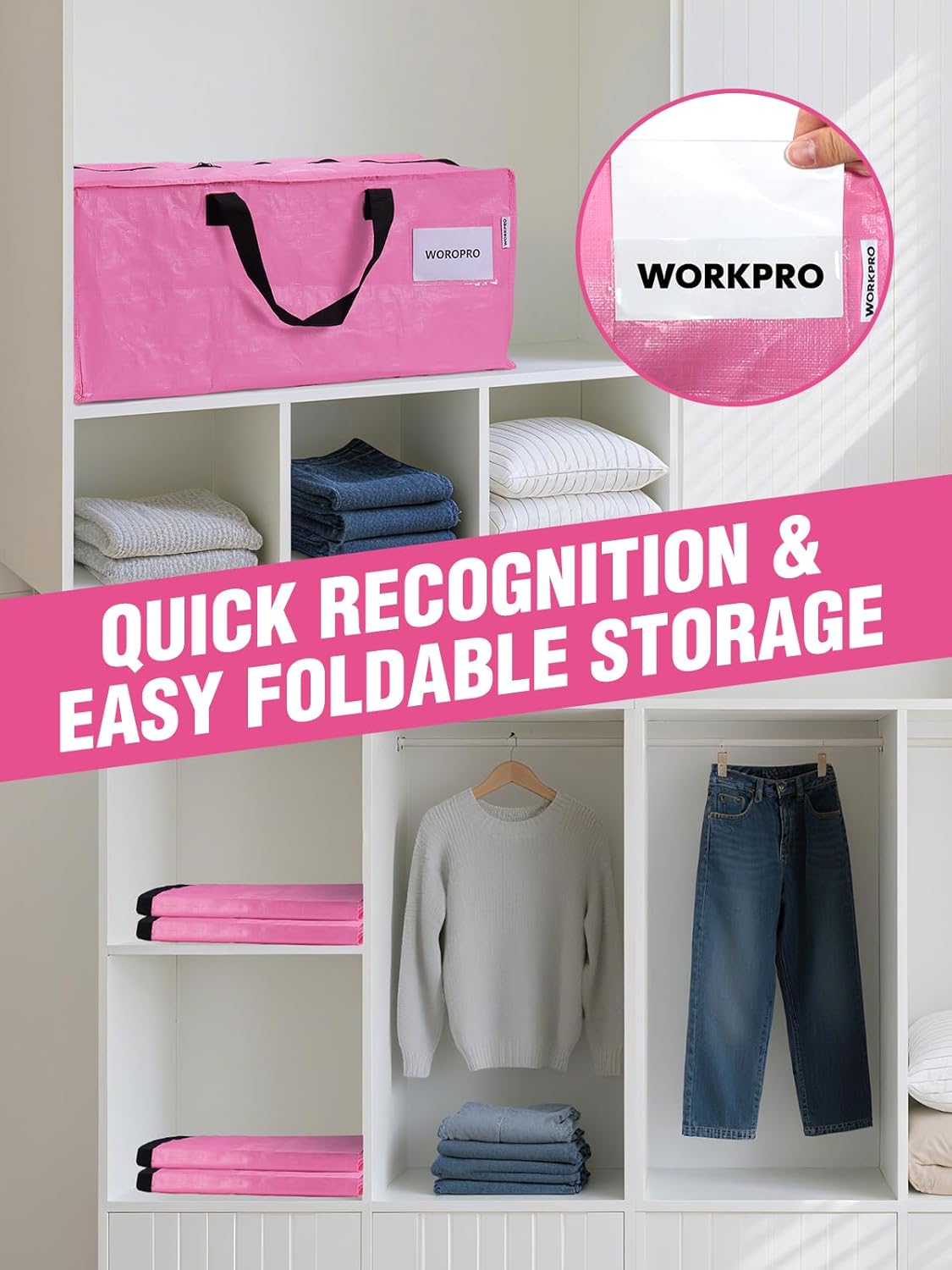 Pink foldable storage moving bag with black handles in a closet shelf.