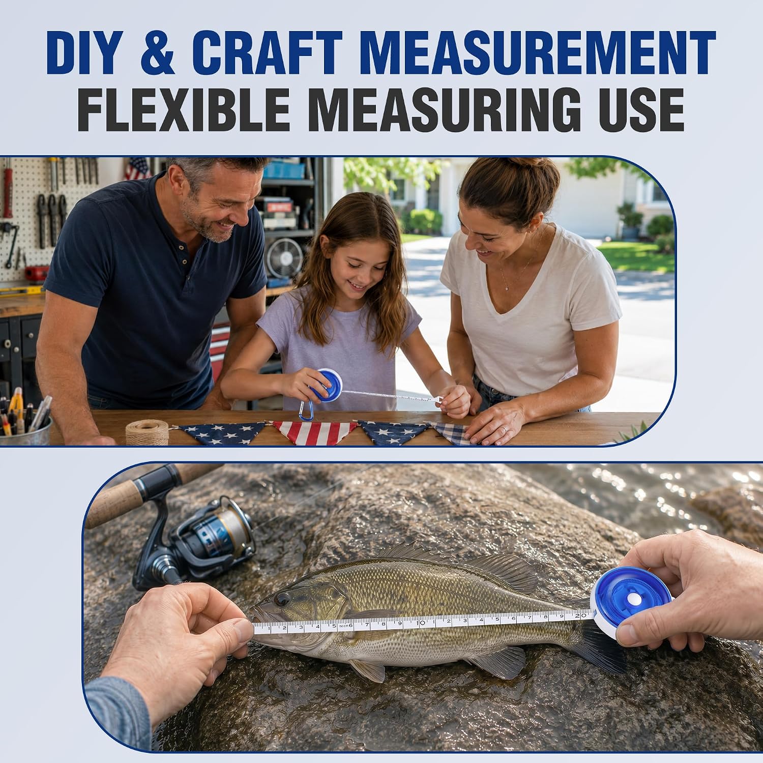 Blue retractable tape measure held over fish for DIY measuring