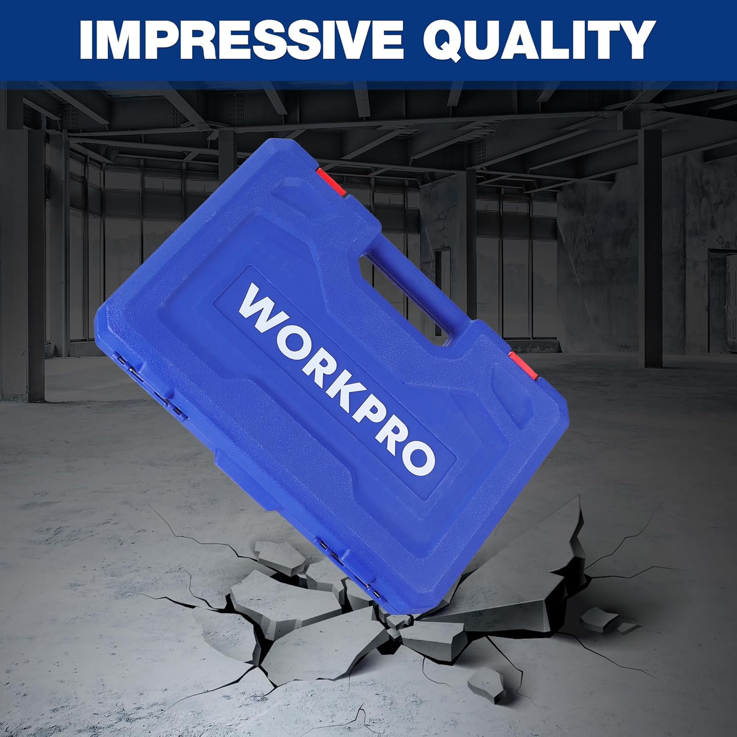 Blue plastic WORKPRO case for Torx bit sockets with black sockets inside