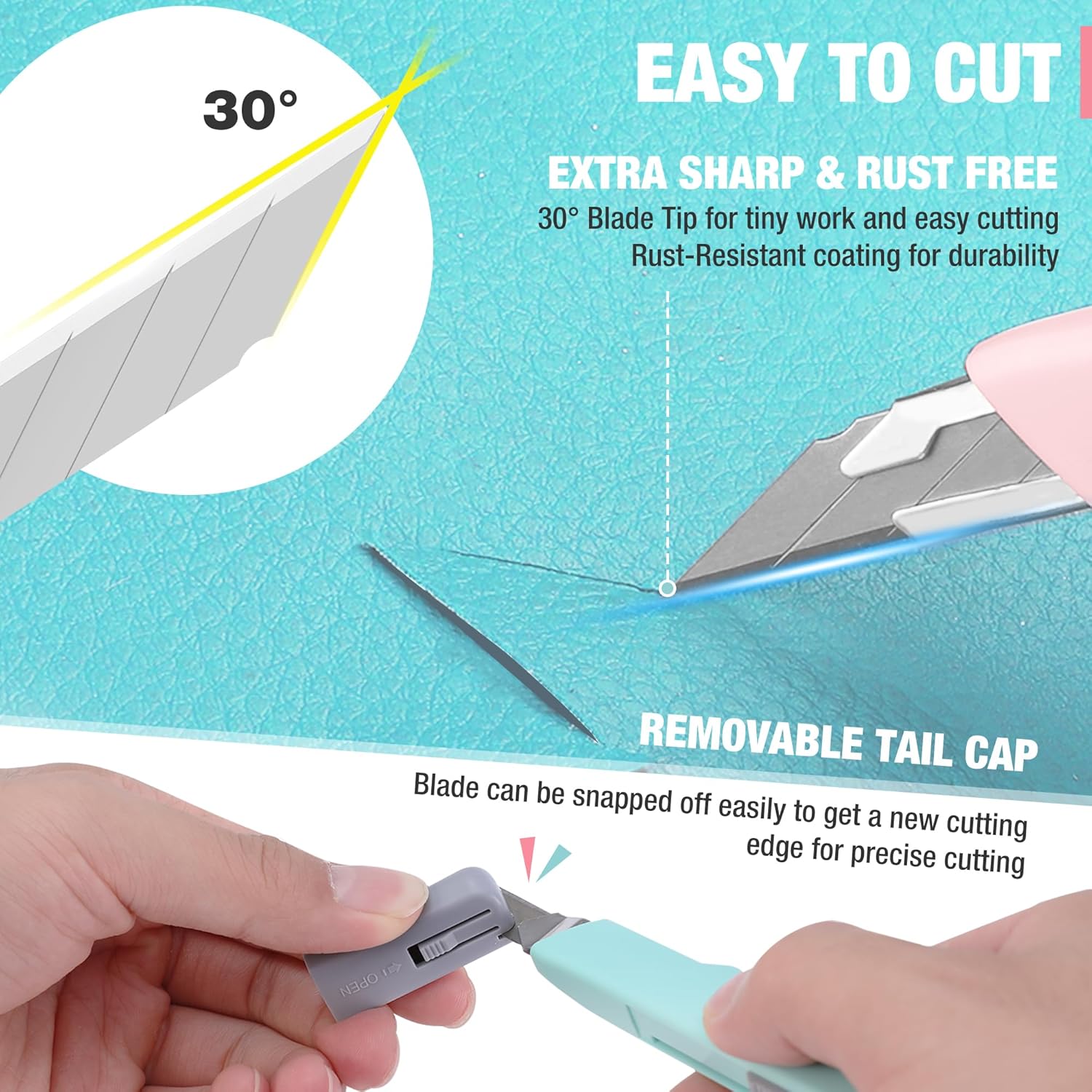 Hands snapping off a 9mm utility knife blade; retractable snap-off tail cap design