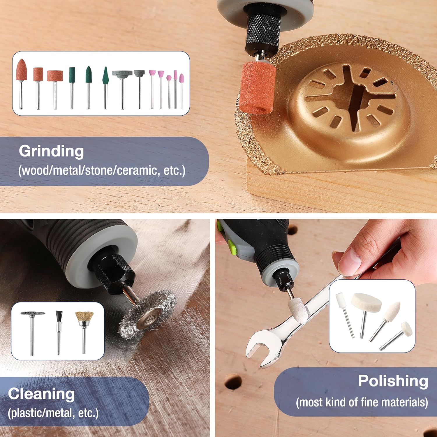Grinding, cleaning and polishing attachments with multiple wheel and brush heads