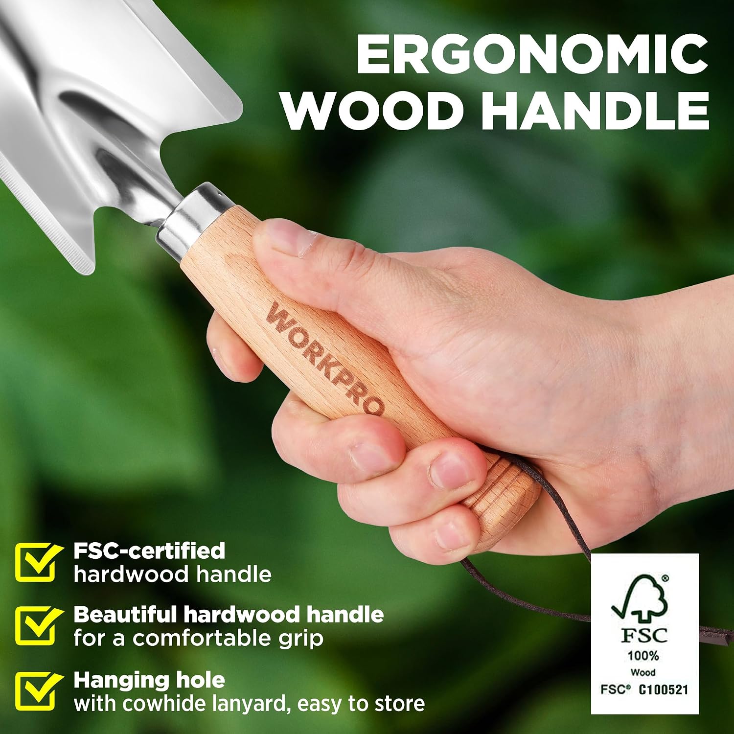 Ergonomic grip garden trowel with light wood handle, stainless steel blade, and hanging hole