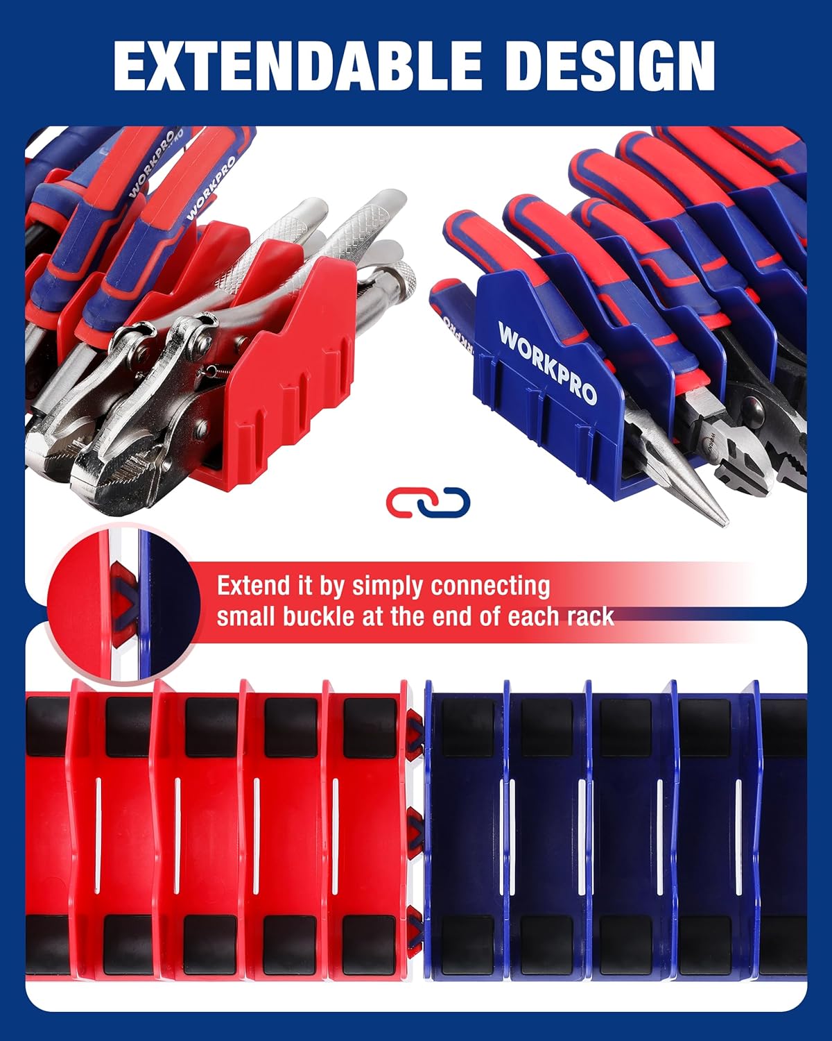 Expandable tool organizer racks that connect at the end to extend storage rows