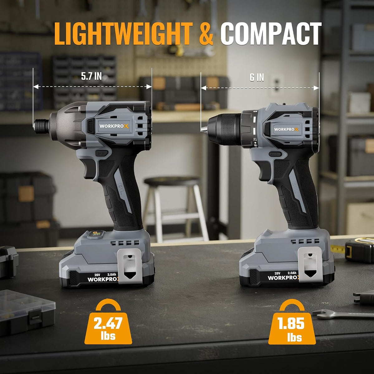 WORKPROX 20V Cordless Drill and Impact Driver Combo Kit with 2 Batteries in grey with durable quality