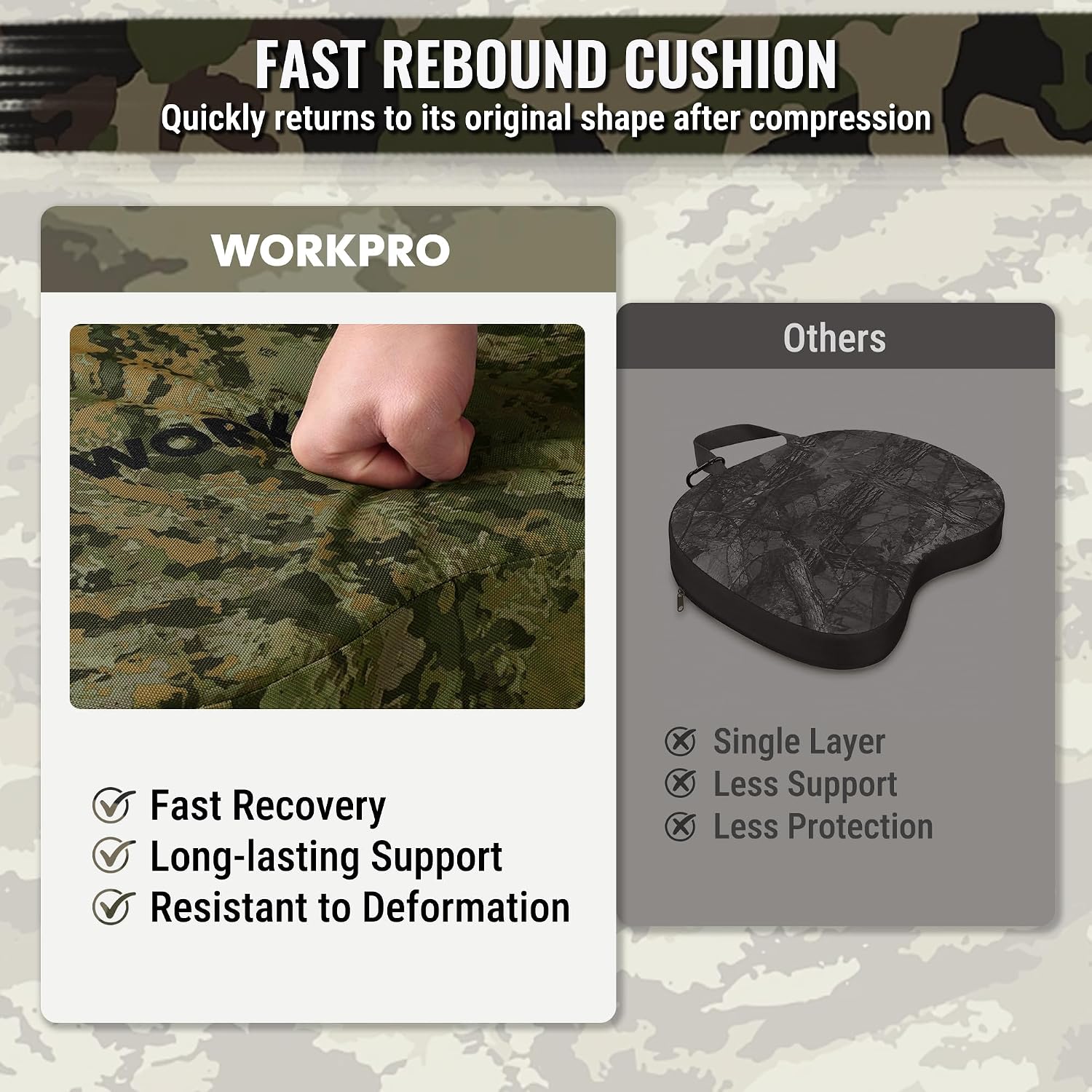 WORKPRO hunting seat cushion with camo pattern fabric cover, shown in a close up of the cushion top