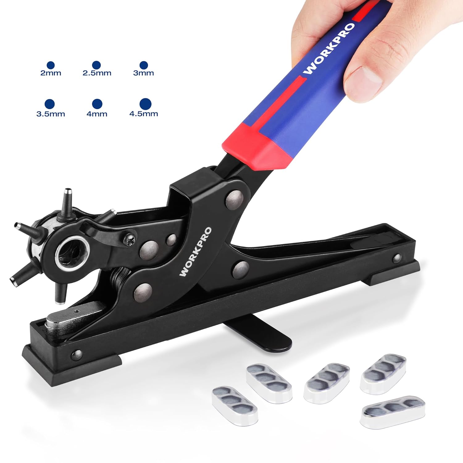 WORKPRO leather hole punch set with rotary head and blue/red ergonomic handle