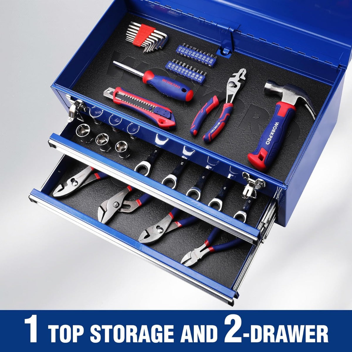 Blue metal tool box with two open drawers and lined interior holding assorted tools