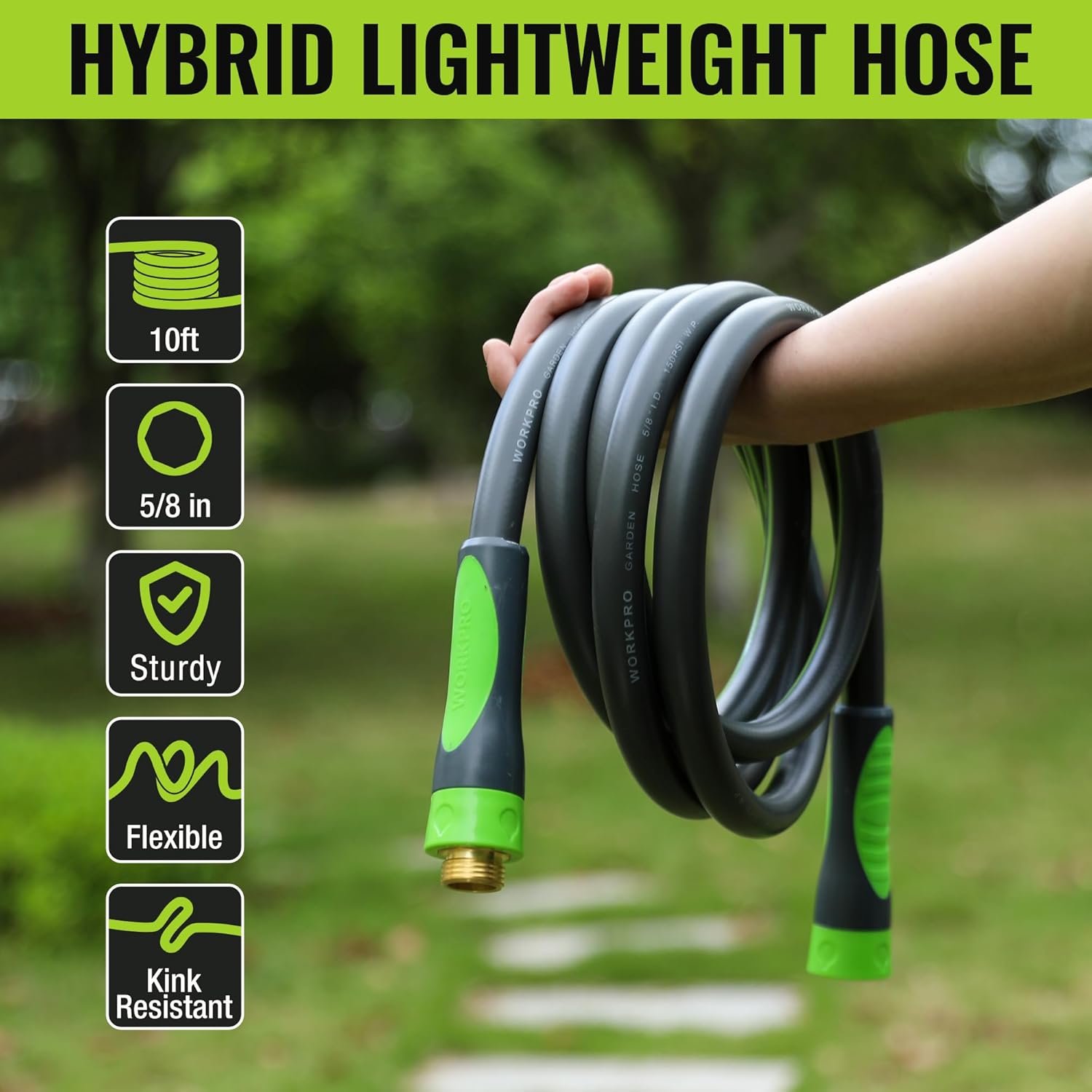 Garden hose with dark gray coils, green handle, and brass connector end
