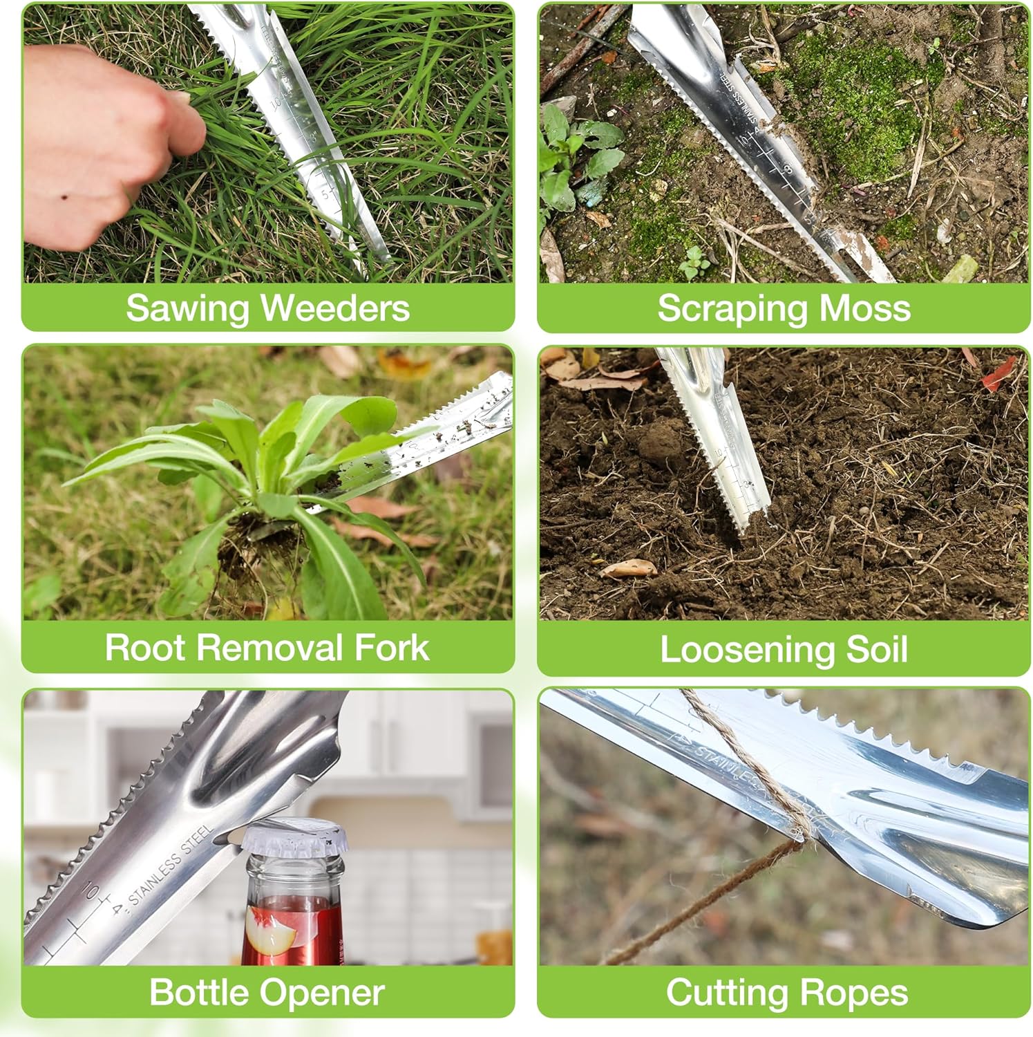 Stainless weeding tool shown for cutting, scraping, and loosening soil tasks