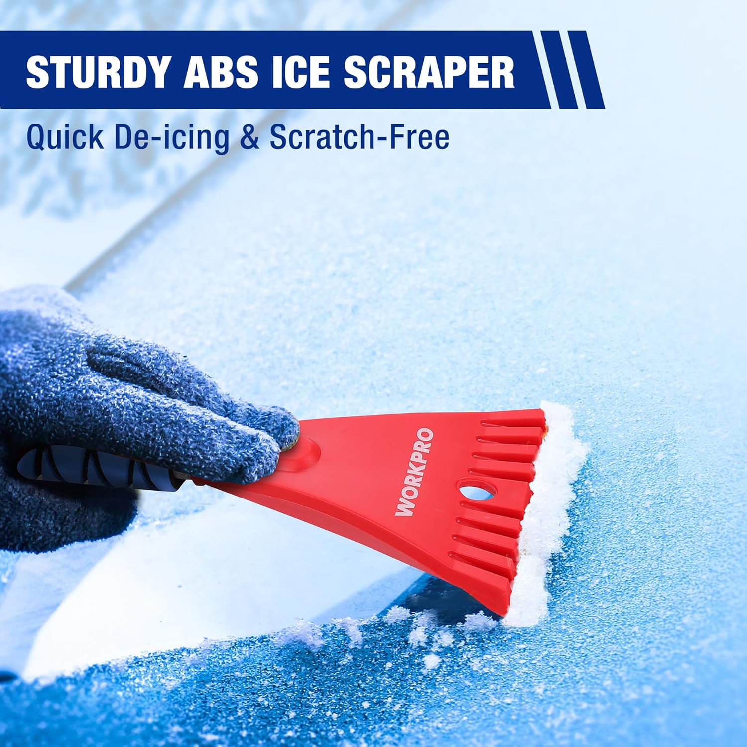 Red ABS ice scraper blade on a blue handle, used to lift packed snow