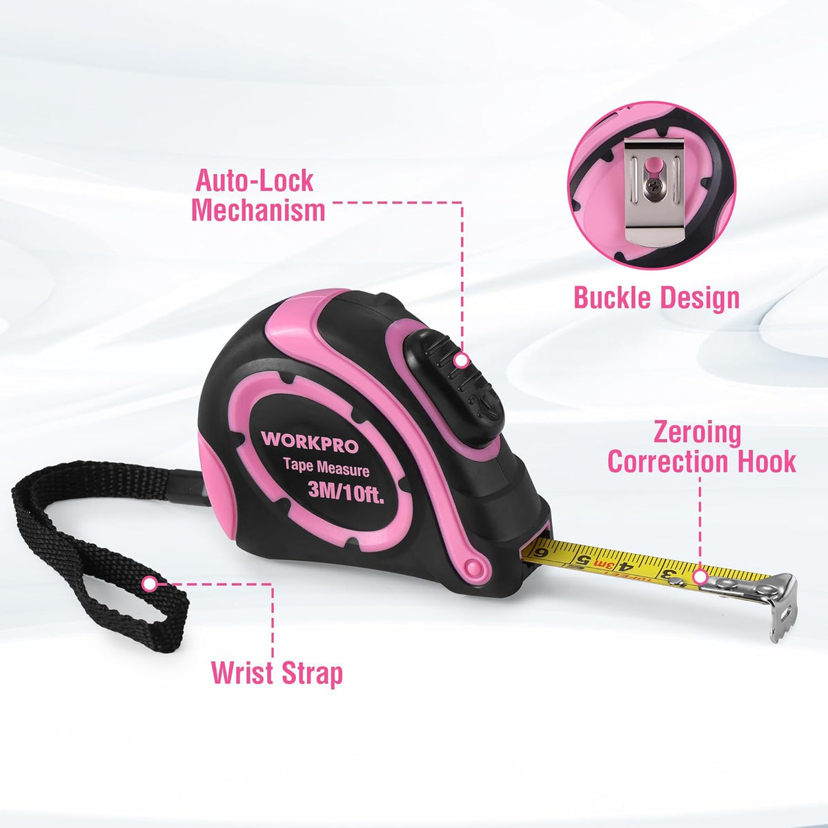 Pink WORKPRO tape measure with belt strap and zeroing correction hook details