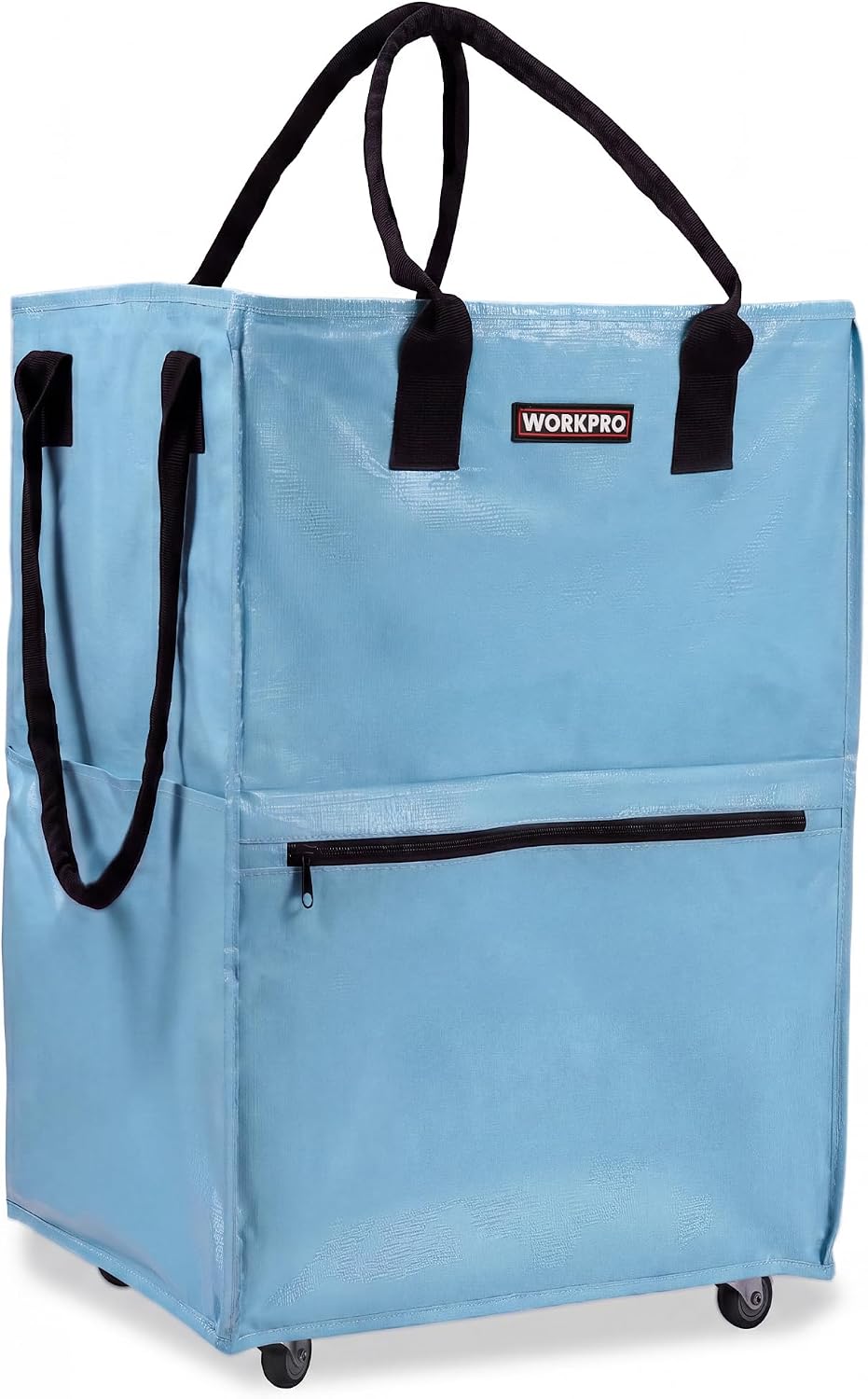Light blue rolling tote with top carry handles, front zip opening, and 5 caster wheels