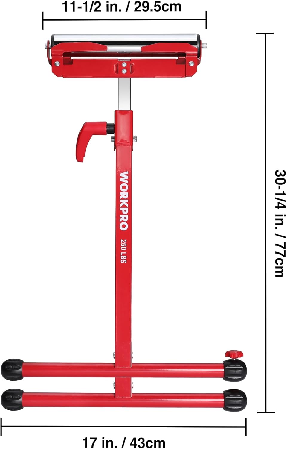 Red folding roller stand with vertical post, two black stabilizer feet, and top roller support