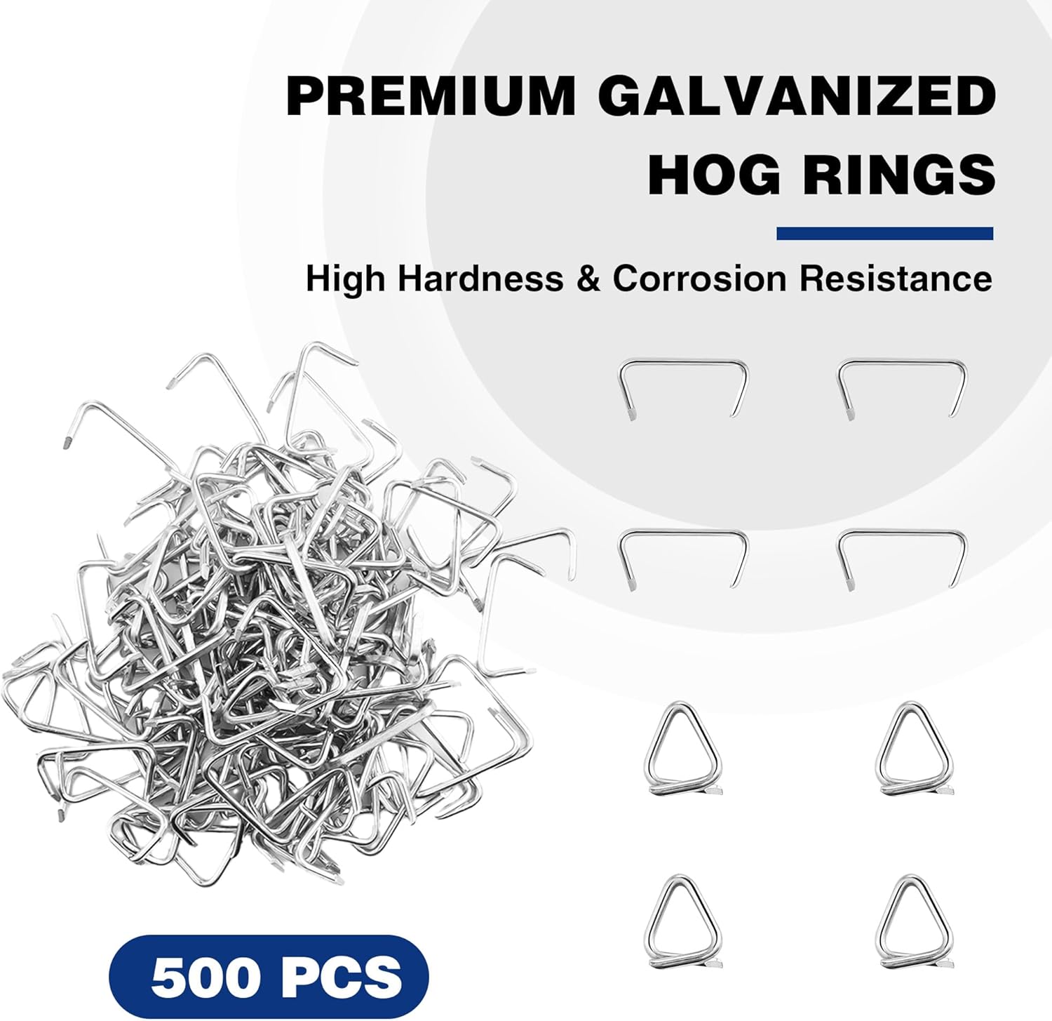 500 galvanized hog rings in a bulk pile and individual U-shaped pieces shown