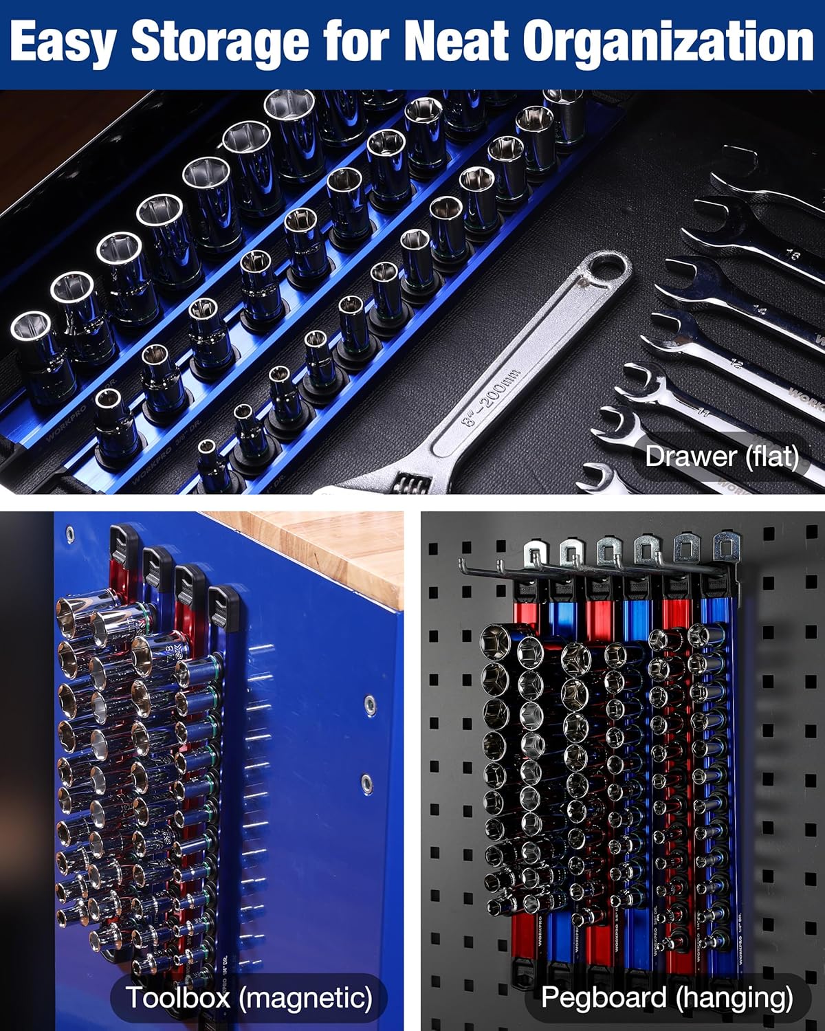 Magnetic socket organizer shown for drawer storage and pegboard mounting