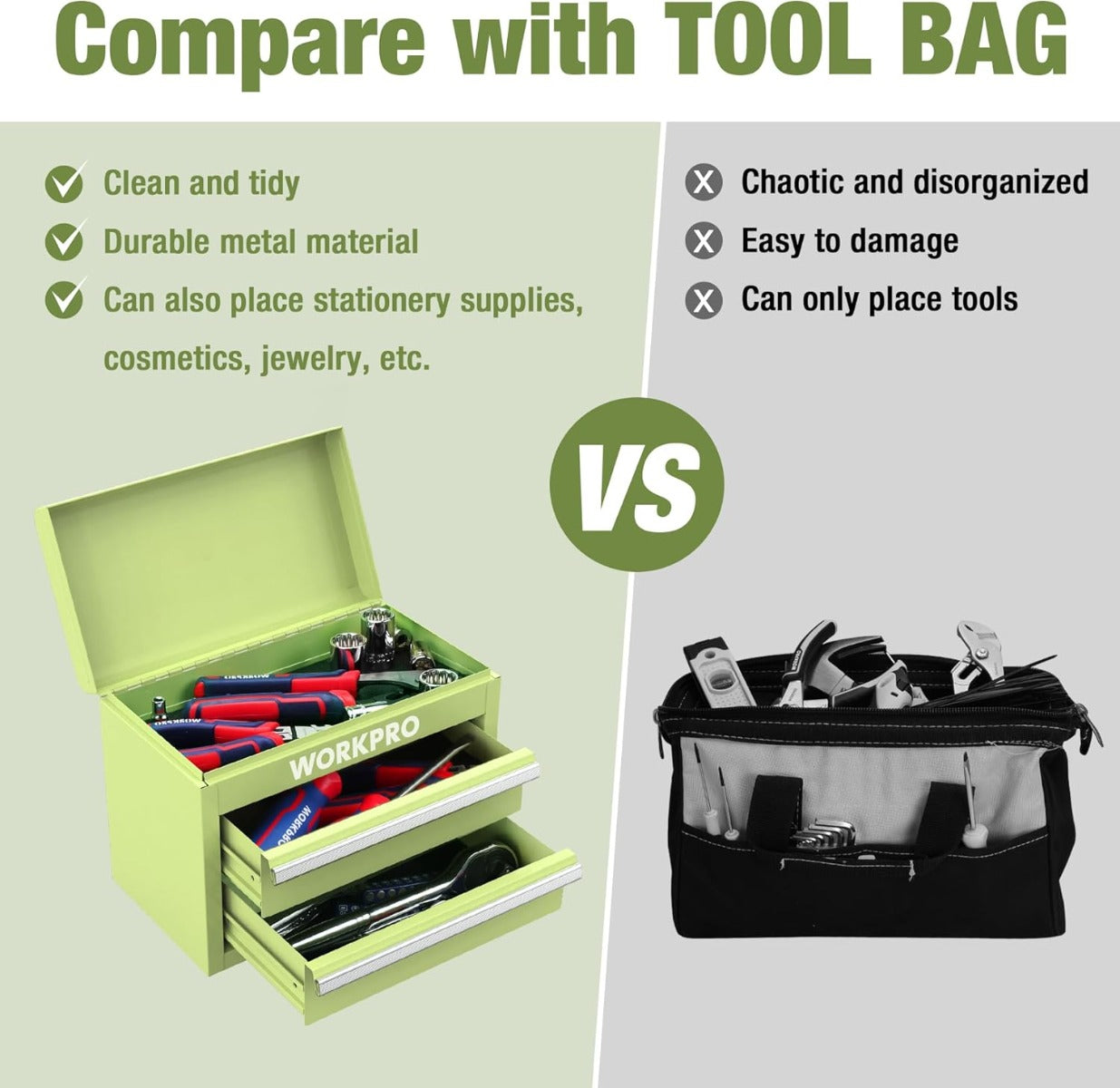 Light green WORKPRO mini metal tool box shown beside a black tool bag comparison