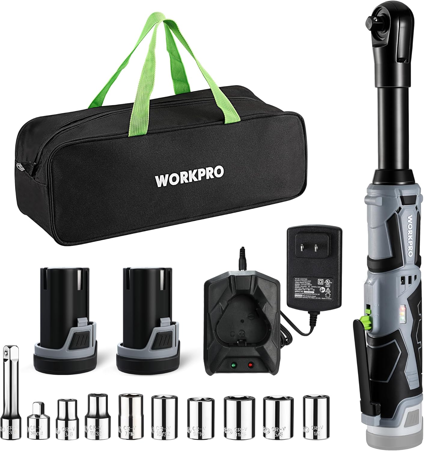 WORKPRO 12V 40 Ft-lbs Power Ratchet Wrench Kit with 10-Piece Socket Accessory Set, 1-Hour Fast Charger, 2.0Ah Lithium-Ion Batteries | 40 Ft-lbs, 10-Piece Socket Accessory Set, 1-Hour Fast Charger, 2.0Ah Lithium-Ion Batteries
