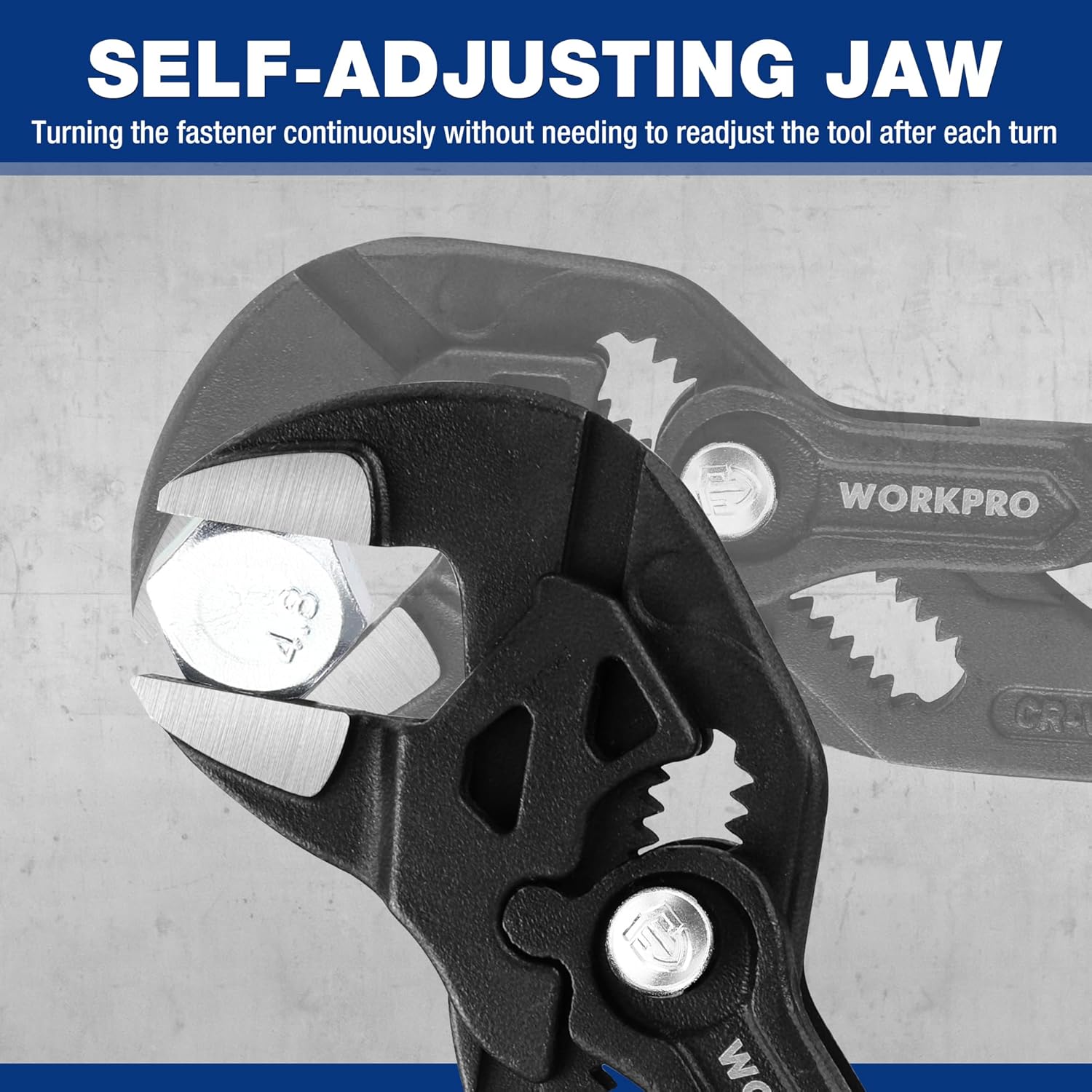 Black self-adjusting pliers wrench with smooth jaws and fastener-gripping teeth