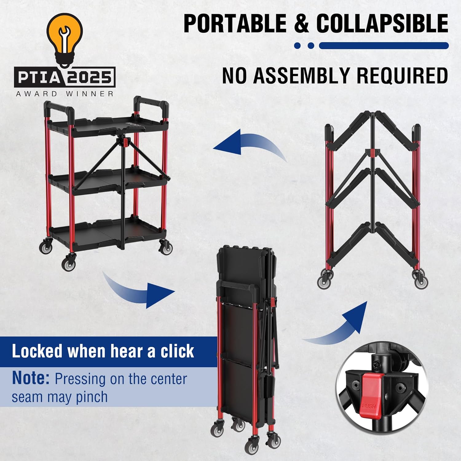 Collapsible 3-tier utility cart, black shelves with red frame, rolling wheels, locked position.