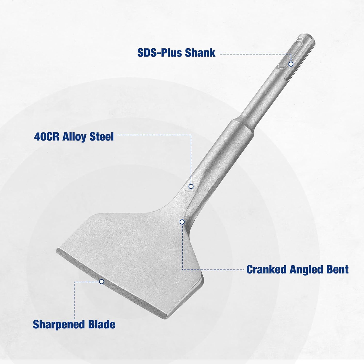 Cranked angled bent SDS-Plus chisel with sharpened steel blade, flat tip