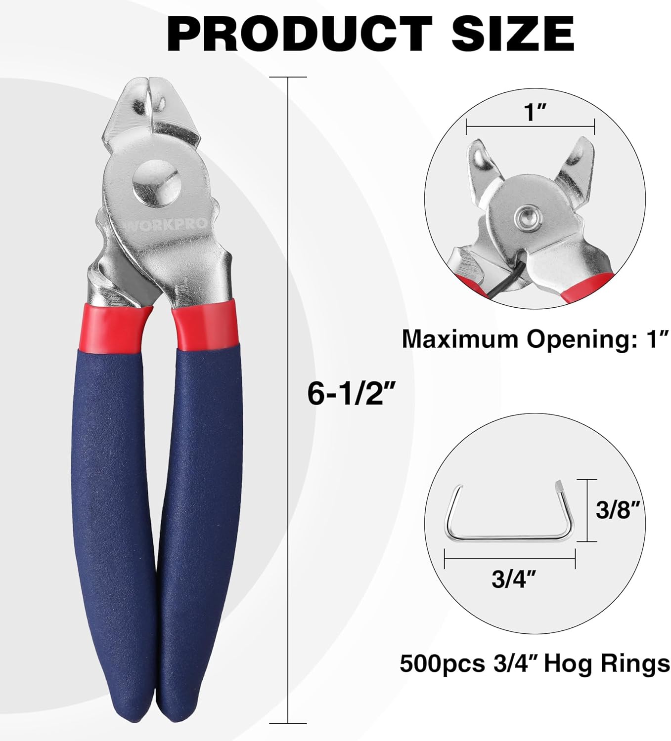 Hog ring pliers with 3/4 in hog ring opening; blue handles and metal clamp head