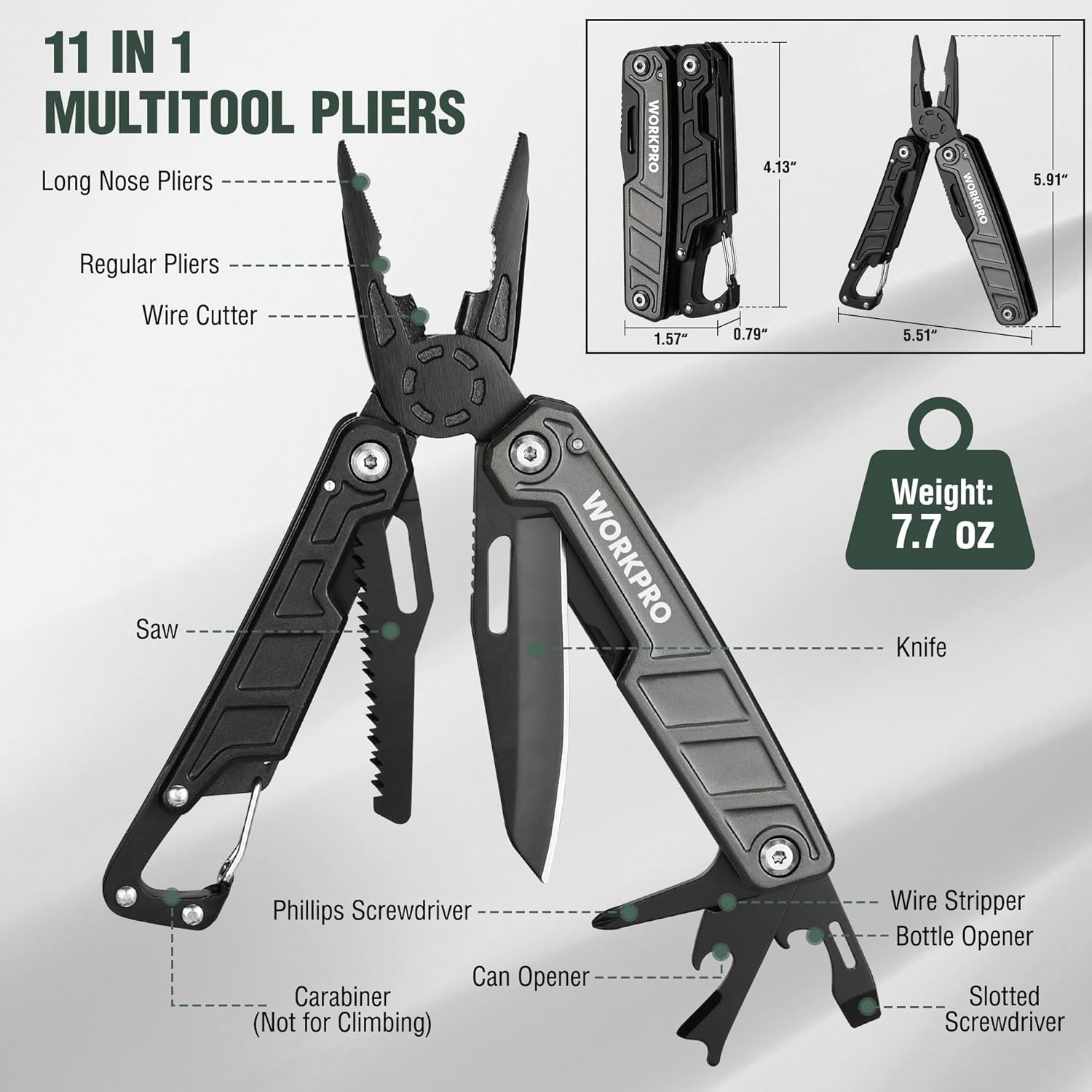 WORKPRO 11-in-1 multitool pliers with knife, saw, wire cutter, and bottle opener