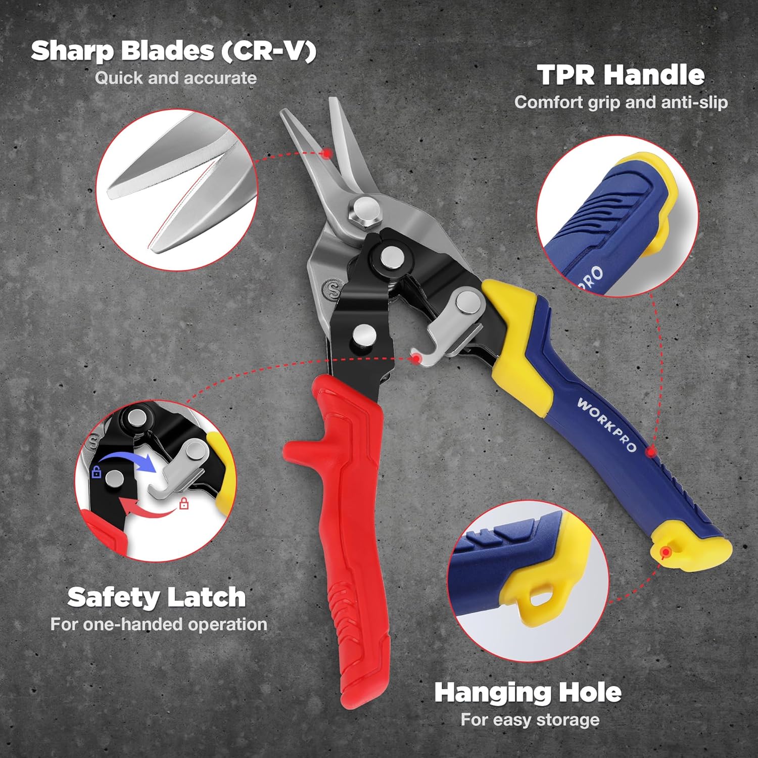 Aviation snips with TPR anti-slip handle, hanging hole, and safety latch; sharp CR-V blades