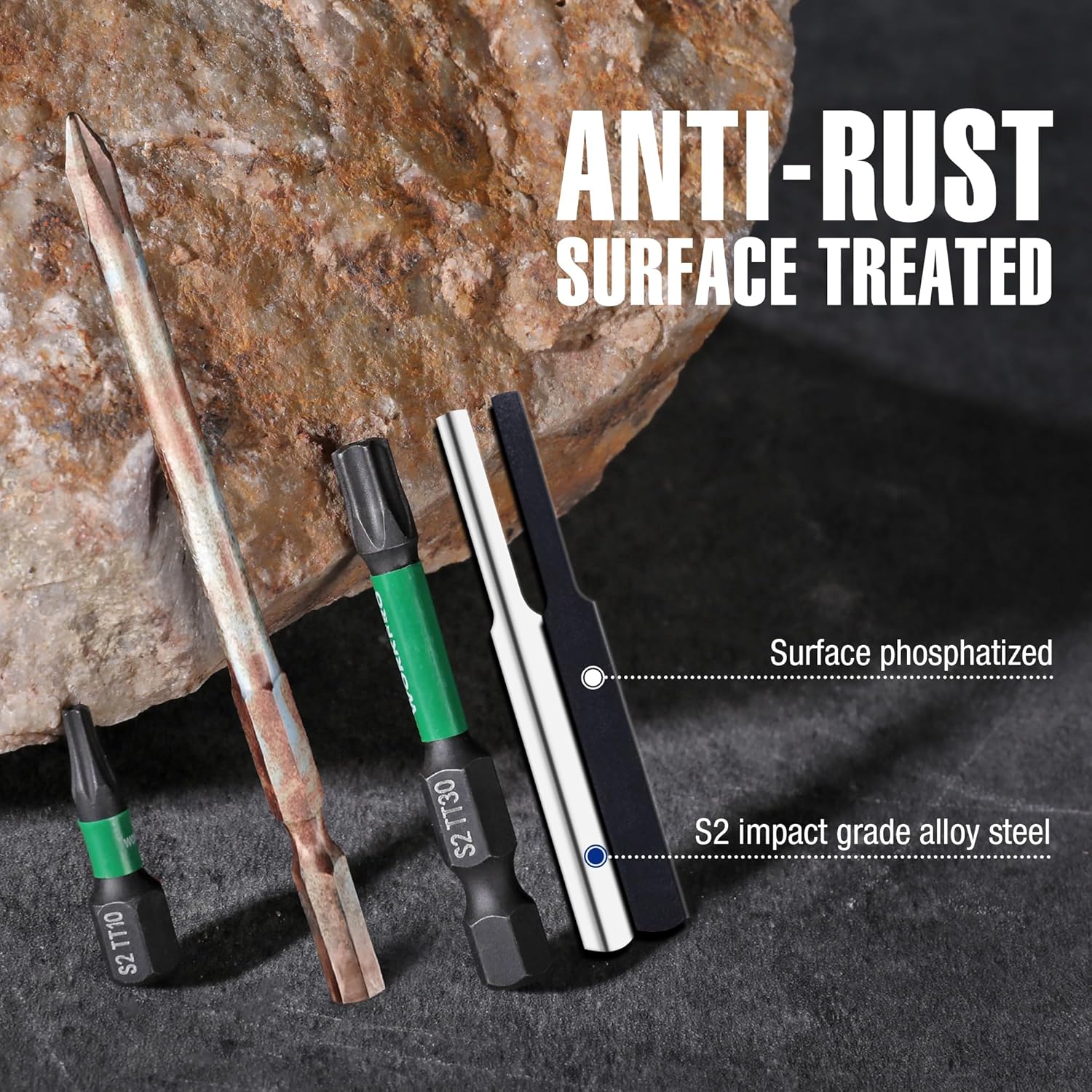 Impact-grade S2 security Torx bits with green rings, phosphated black finish