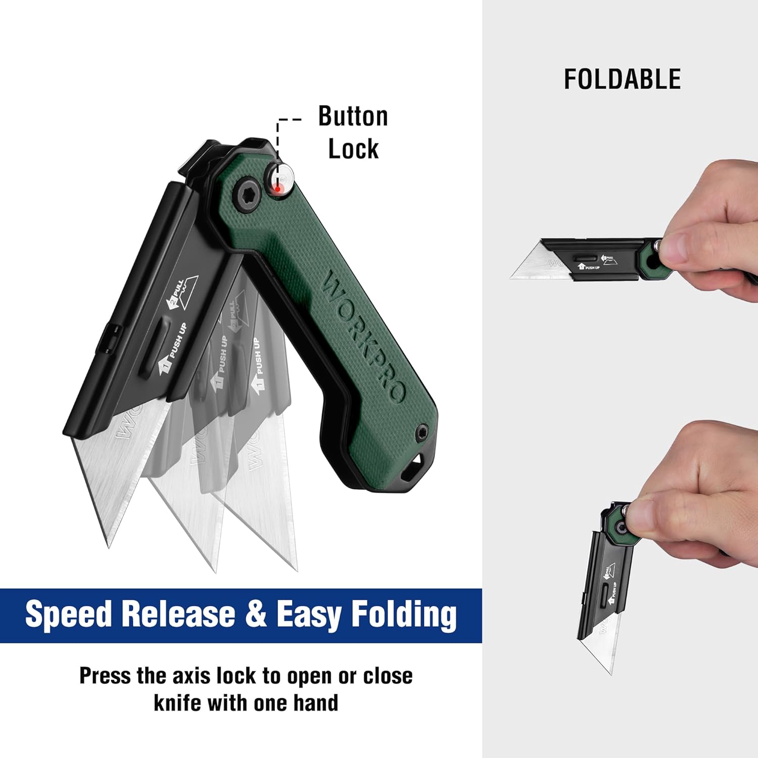 WORKPRO foldable pocket utility knife with button lock, open and ready