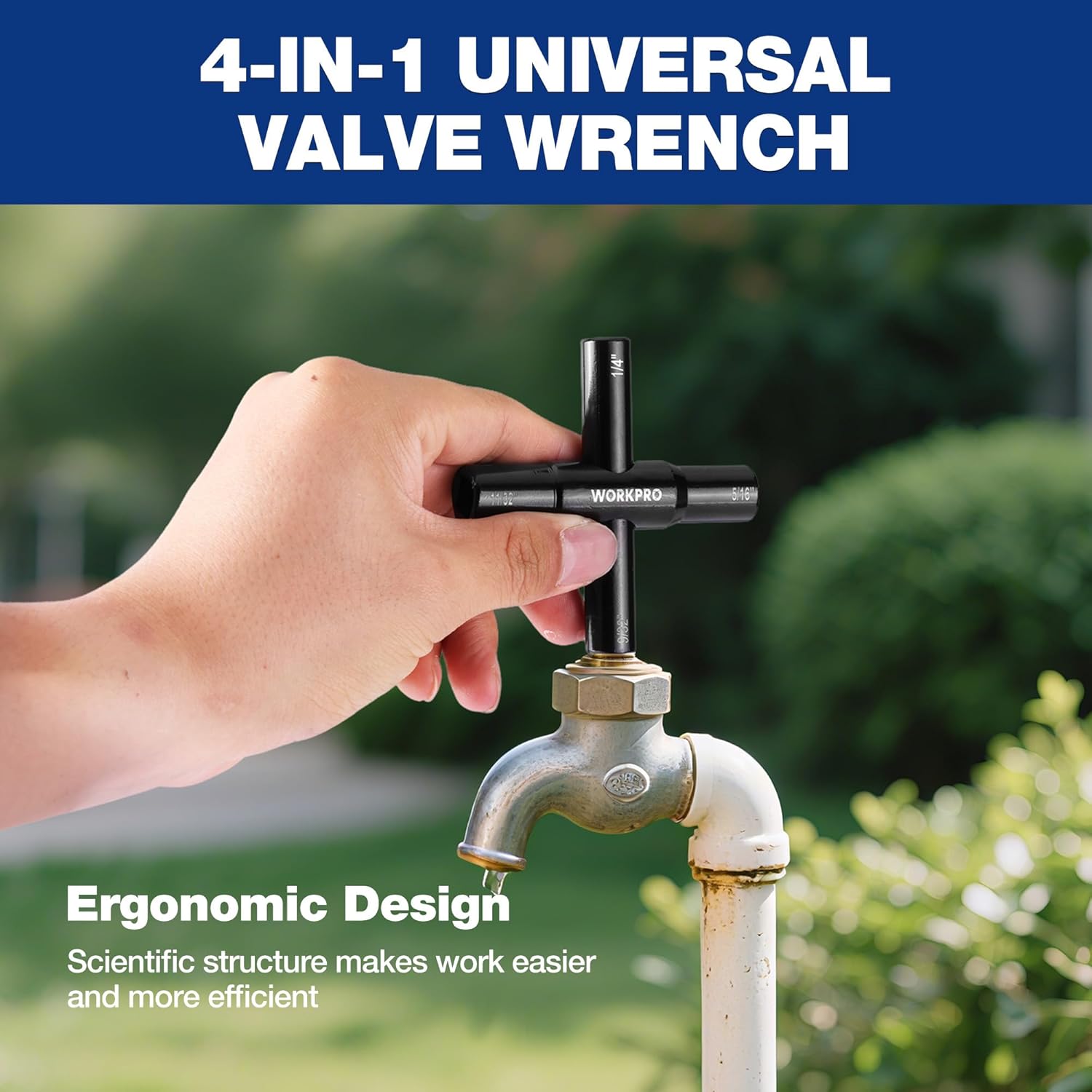 Black WORKPRO 4-in-1 universal valve wrench key, multiple ends, held in hand