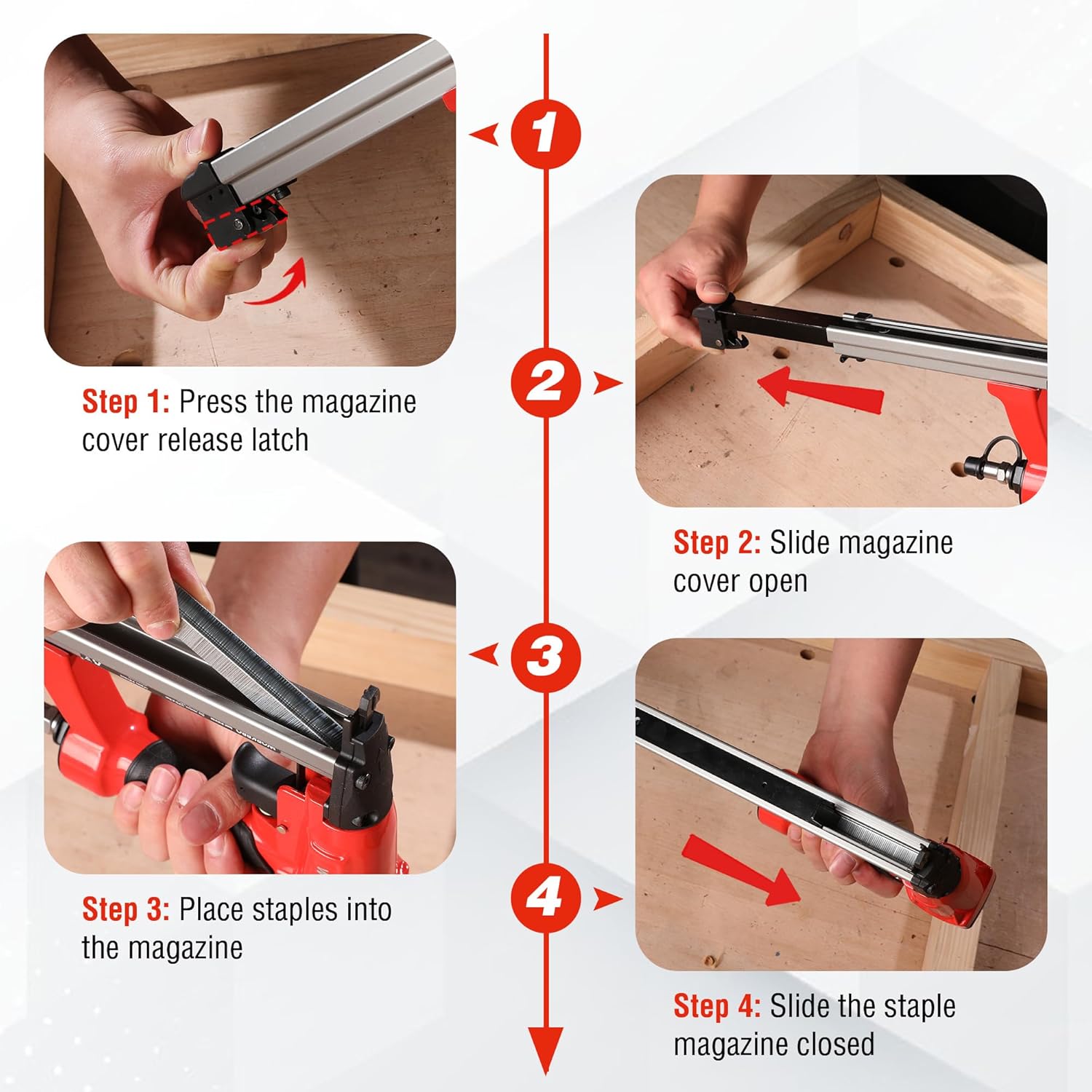 Red pneumatic staple gun with open magazine cover, loading staples with a hand