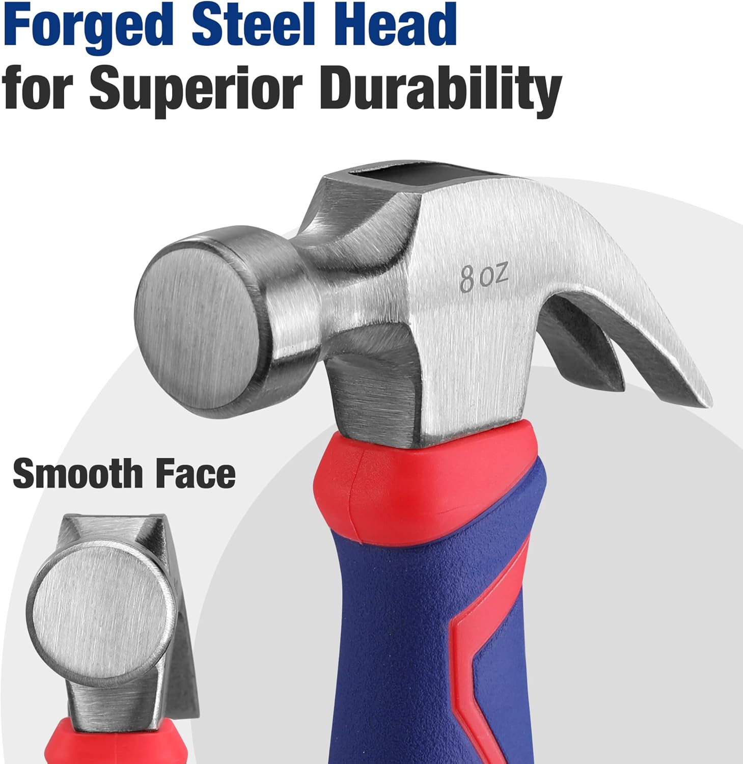 Forged steel claw hammer head with smooth face and red-blue fiberglass handle