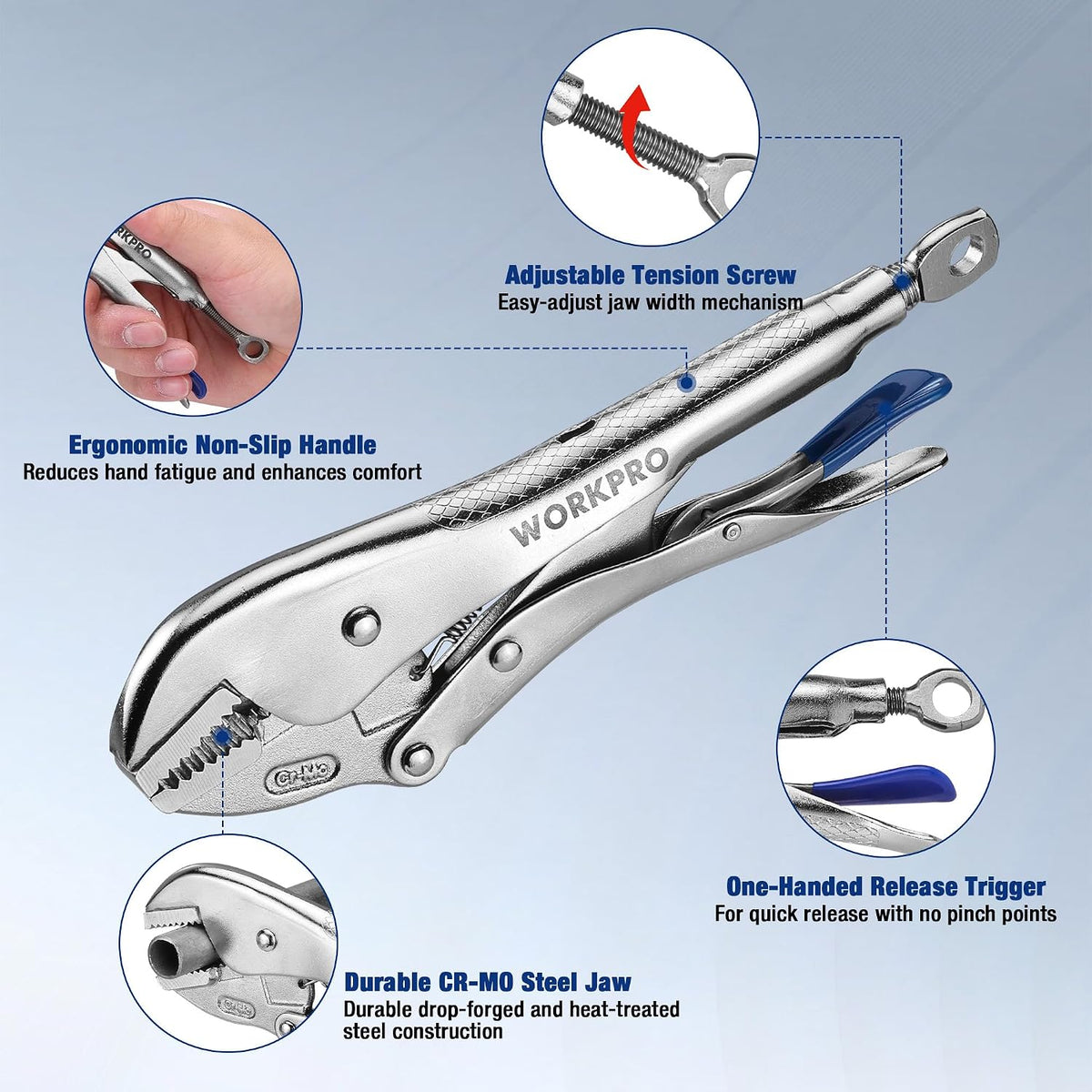 WORKPRO 10" Straight Jaw Locking Pliers, CR-MO Steel Construction with Perforated Screw, Multipurpose Clamping Tool for Automotive, Welding, and Home DIY