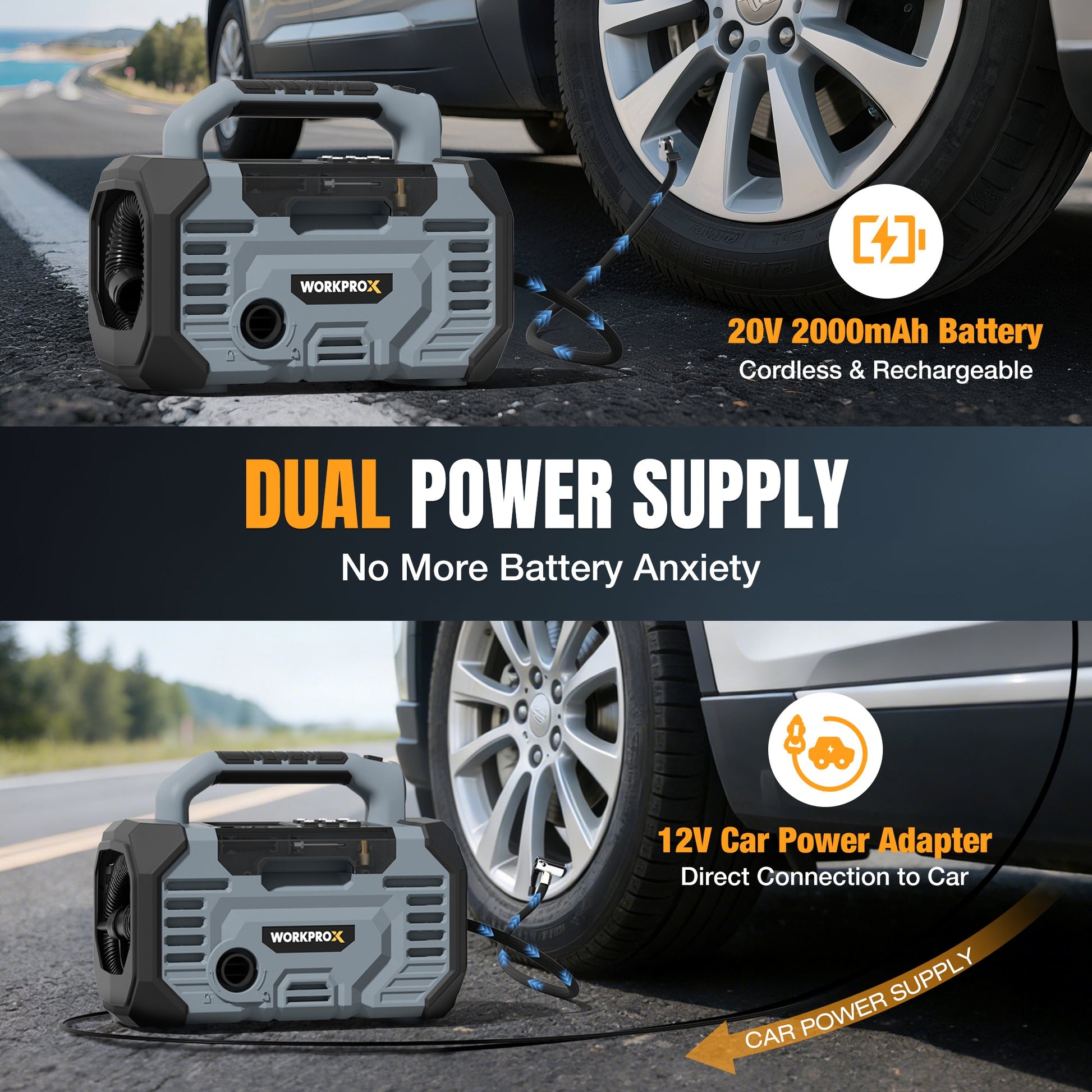 Dual-power air compressor connected to a car tire with blue inflation hose.